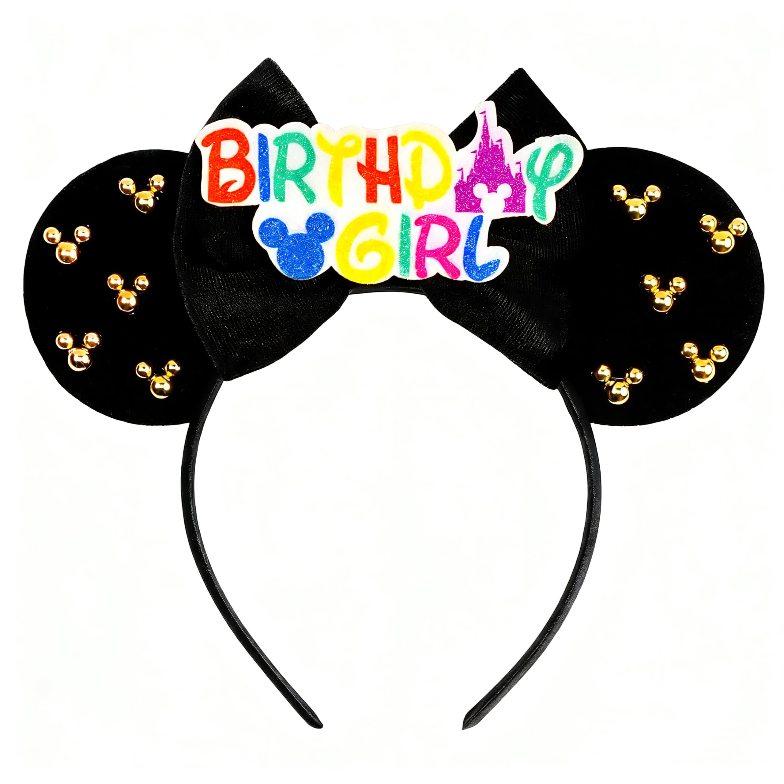 bianbaistar Black Mouse Ears Headband for Adults, Matte Bow & Gold-Toned Accents for Birthdays & Theme Parks & Concerts