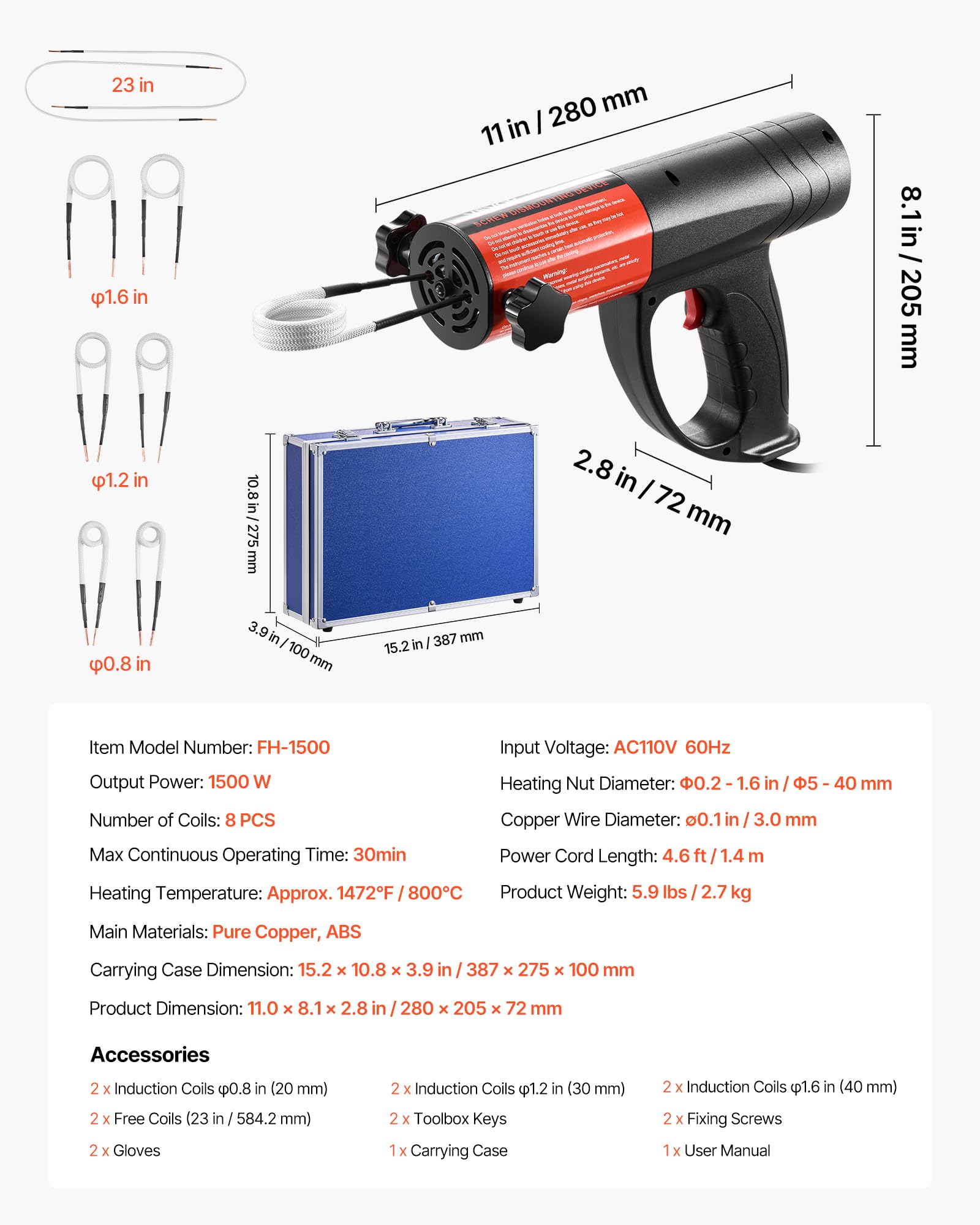 VEVOR Rimozione Bulloni Riscaldatore a Induzione, 1500 W 230 V, Strumento Portatile per la Rimozione di Dadi, Mini Macchina Riscaldante per la Rimozione di Viti Arrugginite, con 8 Bobine e Scatola