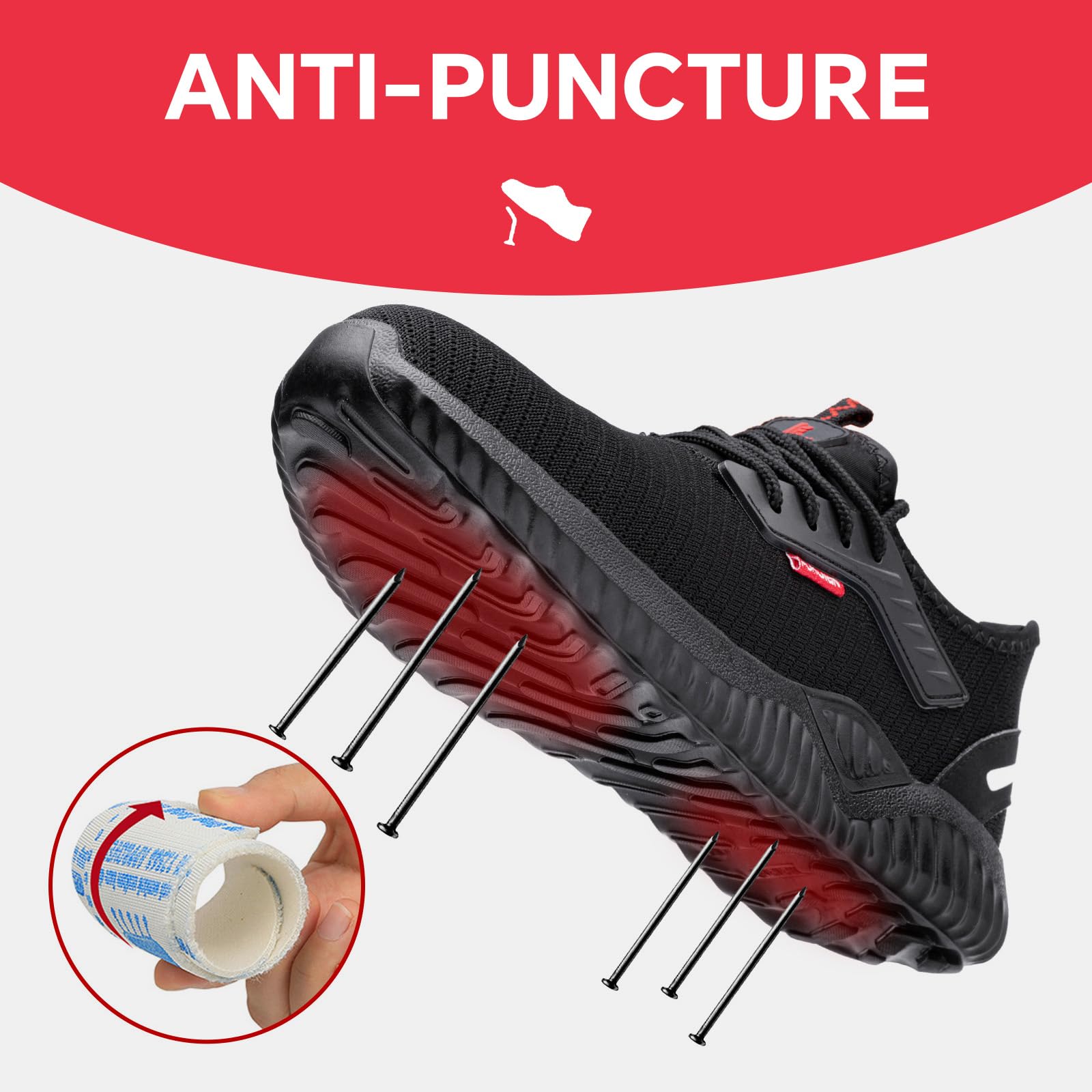 Furuian Zapatos de seguridad para hombre, ligeros, antideslizantes, con puntera de acero, transpirables, deportivos