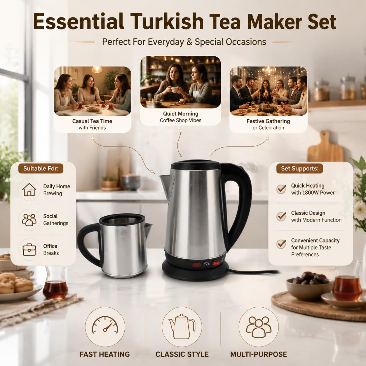 Türkischer Teekocher Elektrisch Edelstahl, Caydanlik 1L + 2L Teekanne, Wasserkocher mit Teekanne für Türkischen Tee Kräutertee und Samowar
