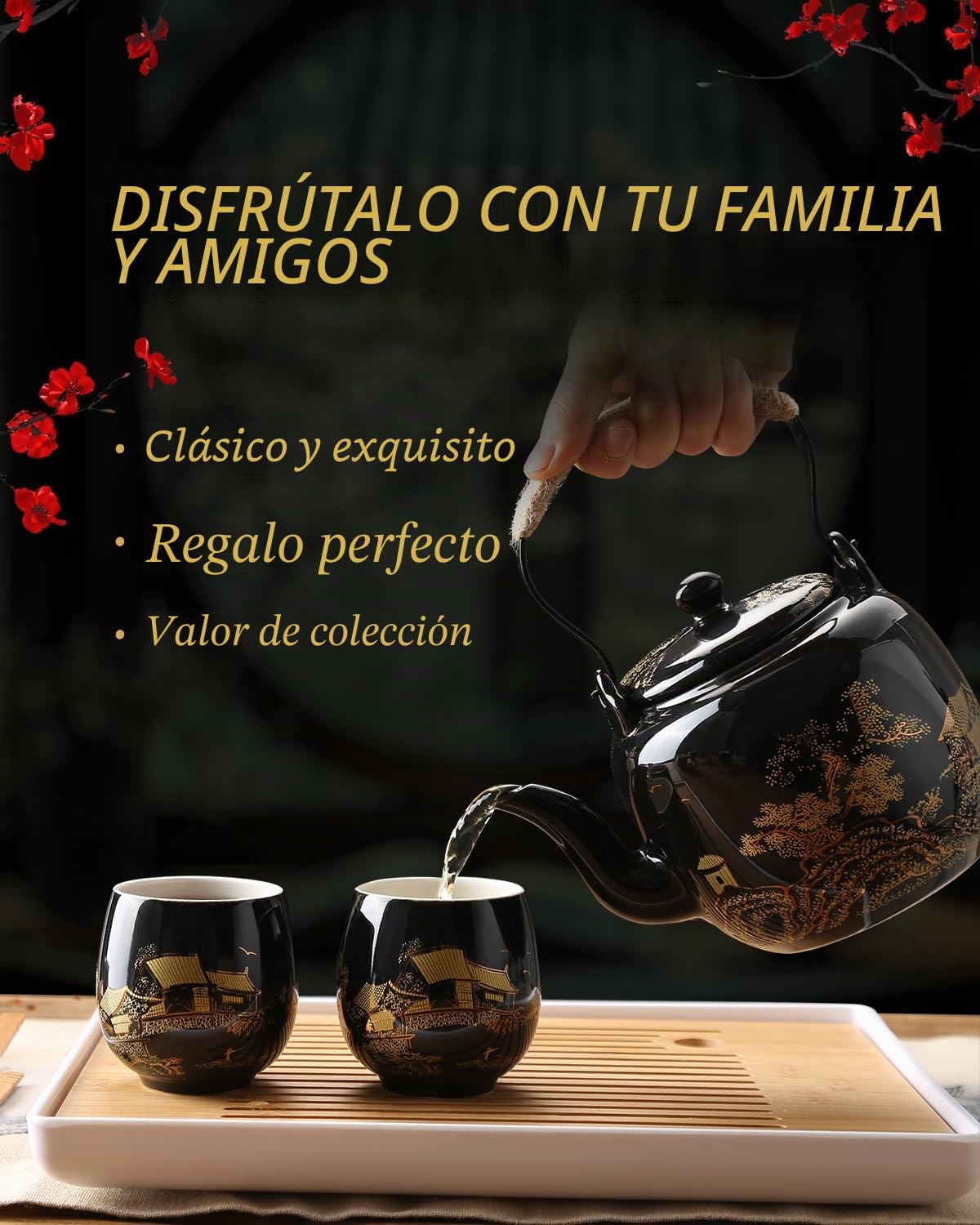DUJUST Juego de Té Japonés, Juego de Té Chino de Porcelana Negra con 1 Tetera, 6 Tazas de Té, 1 Bandeja, 1 Infusor, Hermoso Juego de Té Asiático para Amantes del Té (Campo en Dorado)