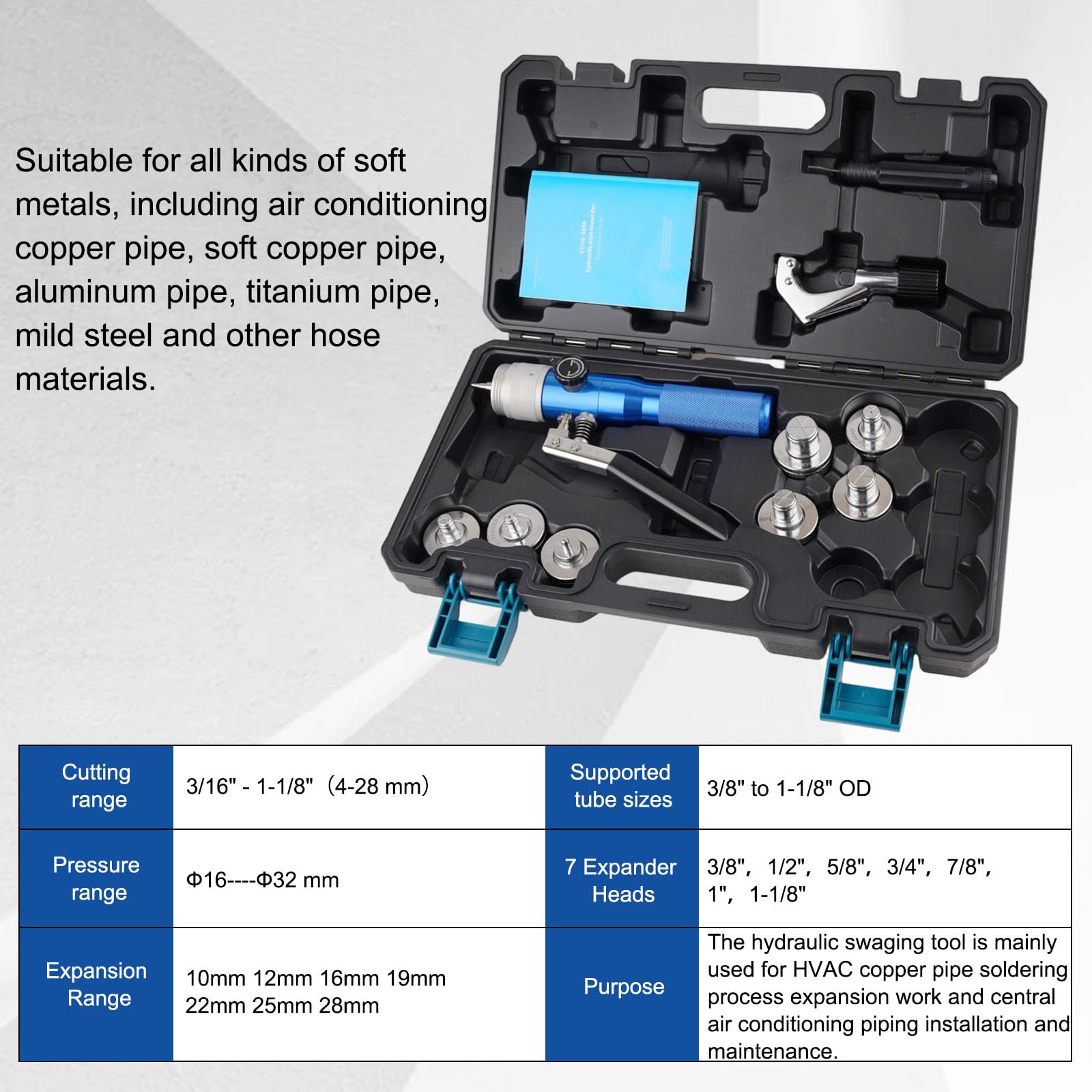 Hydraulischer Rohr-Expander Swaging Tool Set, 0,95 cm bis 3,8 cm OD HVAC Rohr Expander Werkzeuge mit 7 Expanderköpfen, Rohrschneider, Entgratwerkzeug, Bördelwerkzeug HVAC für Kupfer/Aluminium