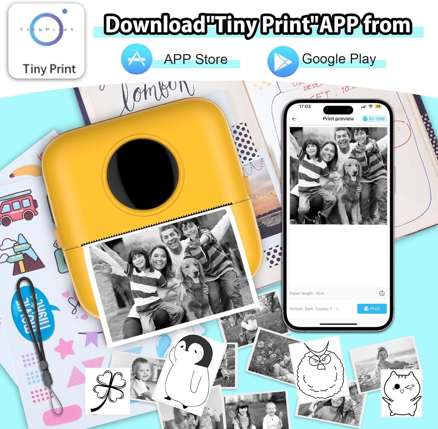 HuiJuKeJi Mini Stampante Fotografica,Stampante Termica,stampa di ricevute,stampante fotografica,con 10 rotoli di carta 1 adesivo per smartphone Fotografica Note Elenco Memo RGB rosa (Yellow)