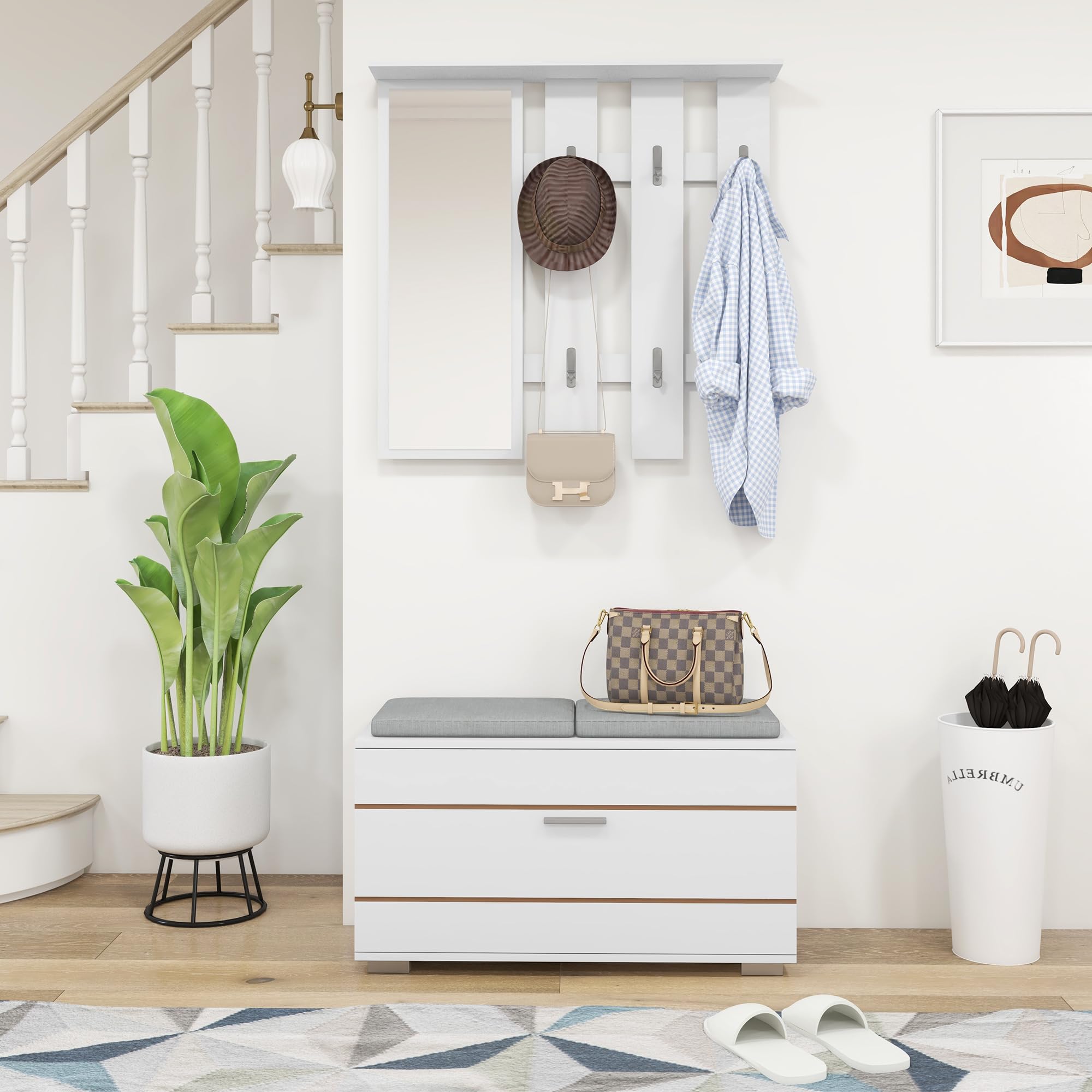 HOMCOM Set 4 in 1 Mobili da Ingresso con Appendiabiti, Specchio, Panca con Cuscini e Scarpiera per 8 Paia di Scarpe, Bianco