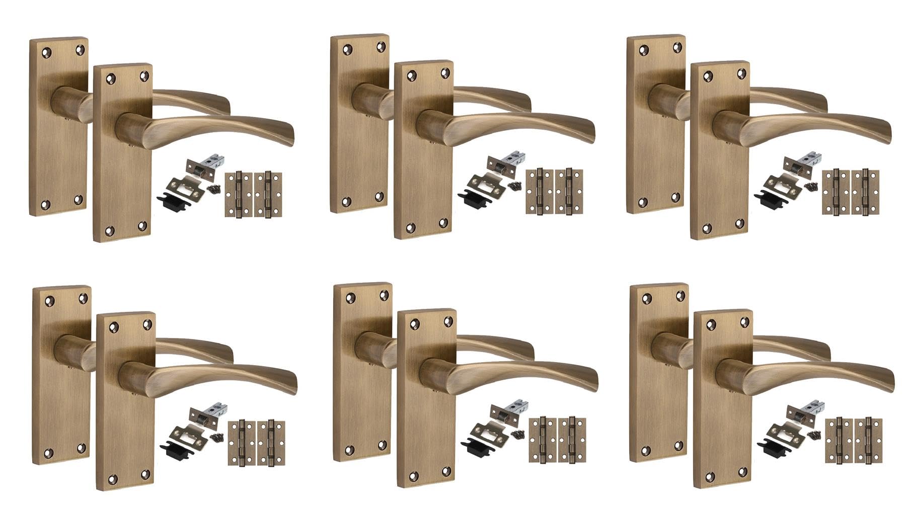 Golden Grace Antique Brass 6 Pair Victorian Astrid Internal Door Handle Sets 120 X 40Mm With 2.5" Latch & Hinges