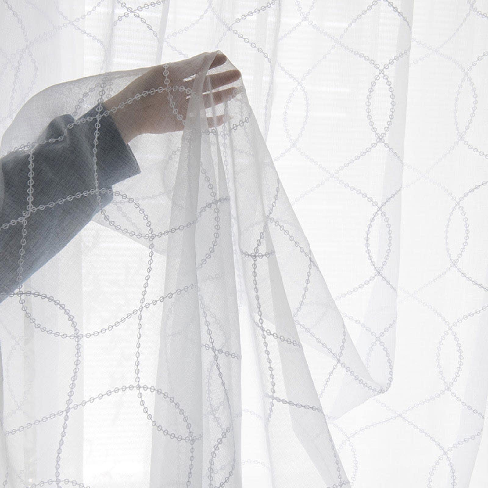 Rideaux de Tulle de Broderie Blanche pour Le Rideau de Voile Transparent de Courbe de géométrie de Salon pour Le drapé de Chambre à Coucher