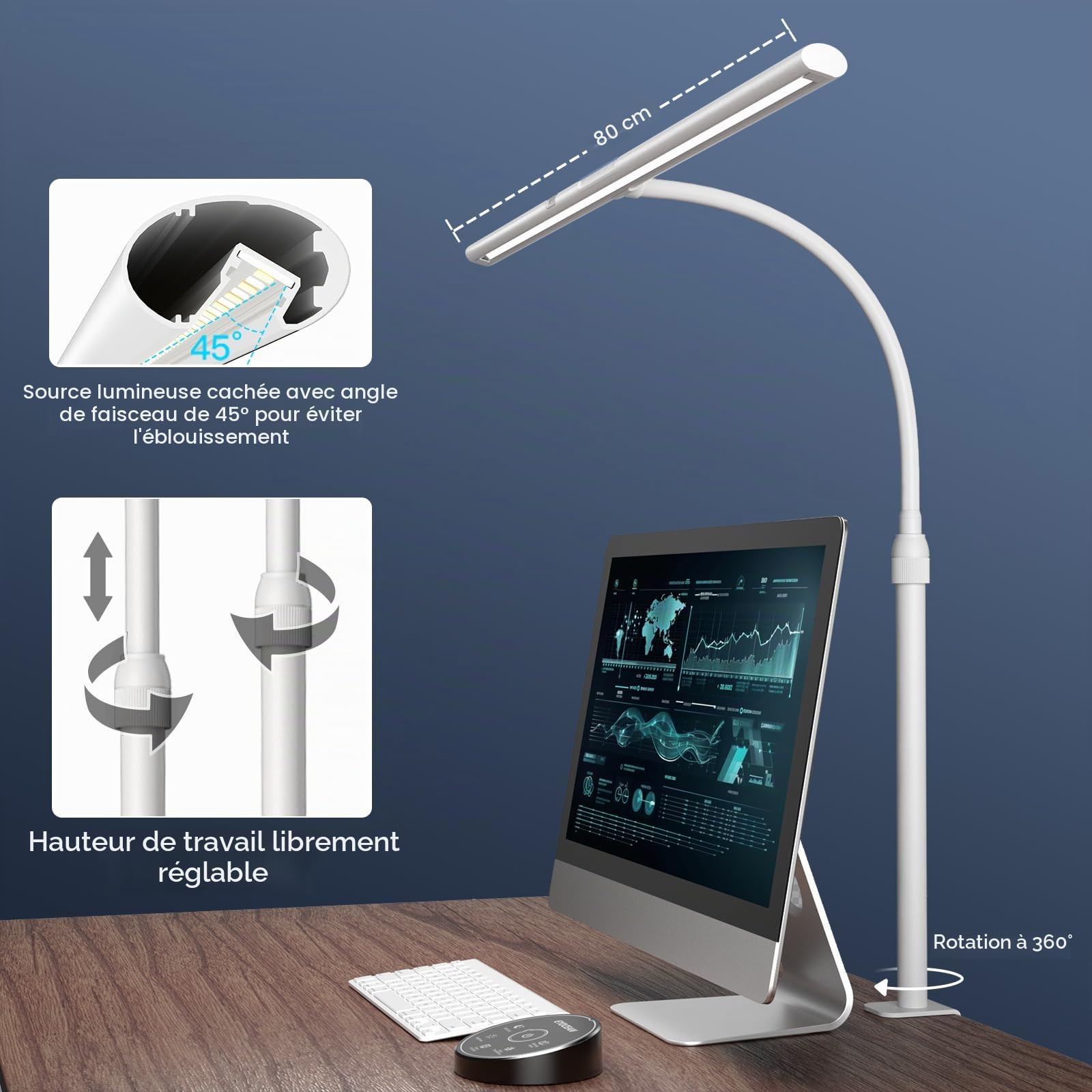 EYOCEAN Lampe de Bureau LED, 24W 80cm Lampe de Table avec Contrôle par Gestes & Télécommande, Perche télescopique à hauteur réglable, pour Employés de Bureau, Étudiants, Designers, Monteurs Vidéo