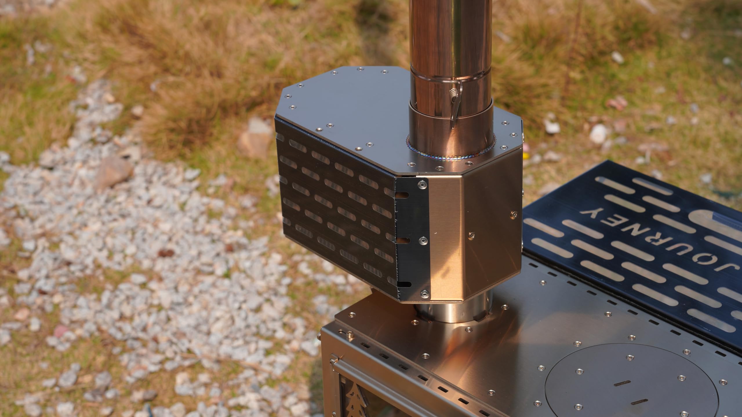 Plataforma de chimenea de acero inoxidable con supresor de chispas y plataforma de cocina, con protección de tienda, para estufas de leña con chimeneas de 2.756 in de diámetro, oro rosa 7