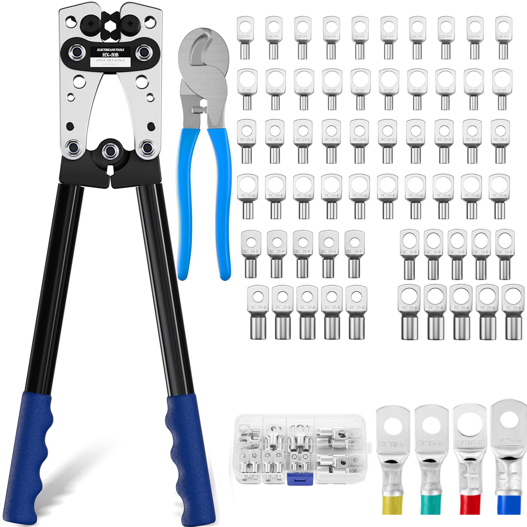 Koolcover Battery Cable Crimping Tool Kit, Heavy Duty Wire Crimping Tool with 60 PCS Copper Ring Terminals, Tubular Cable Lug Pliers for Battery Cables 6/10/16/25/35/50 mm² (HX50B Crimper+terminals)