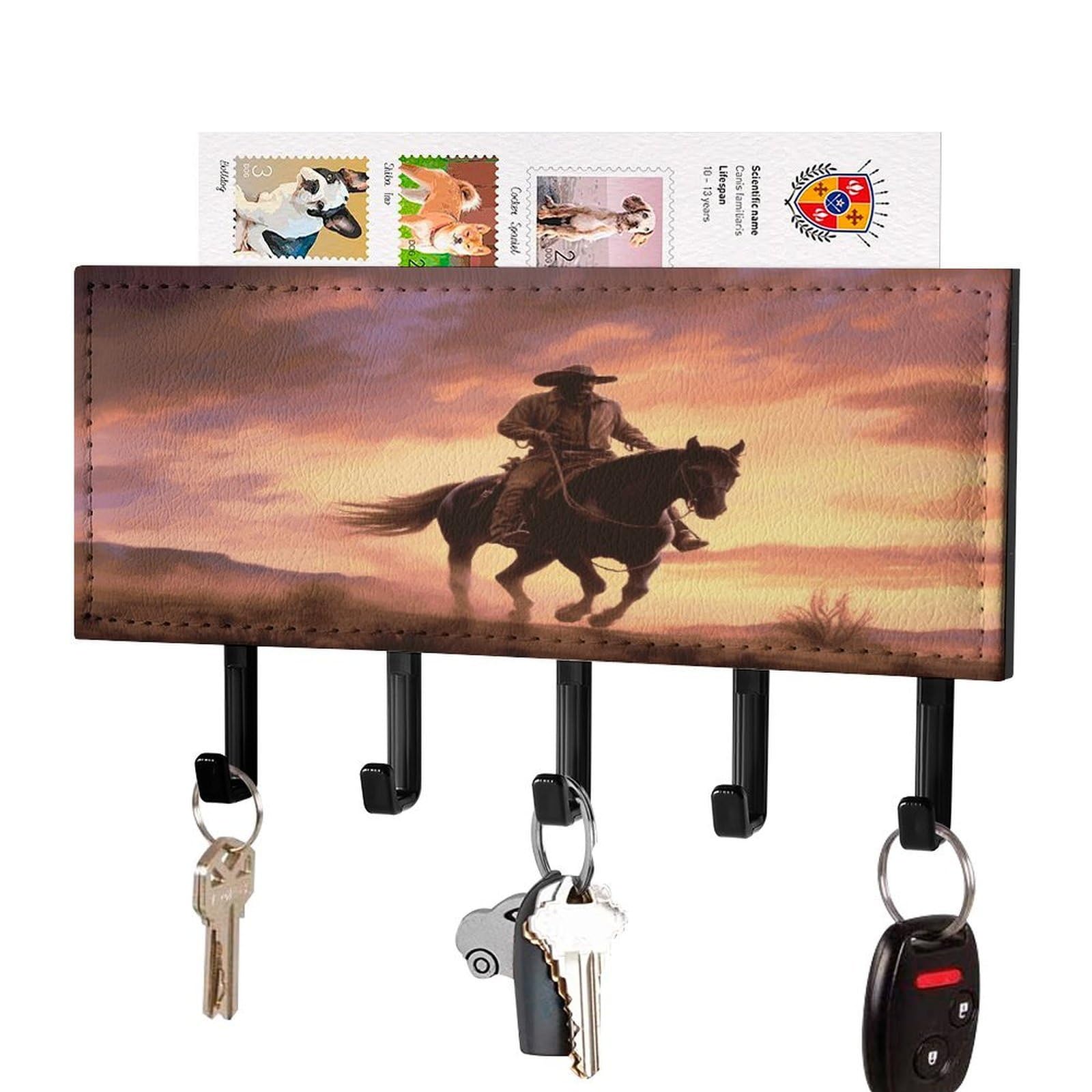 Vstadank Black-Style Cowboy West Key Holder For Wall Decorative Mail Organizer Exquisite Coat Rack Pu Wall Mount Adhesive Keys Rack With Tray&5 Key Hook For Door Hallway Entryway Decor