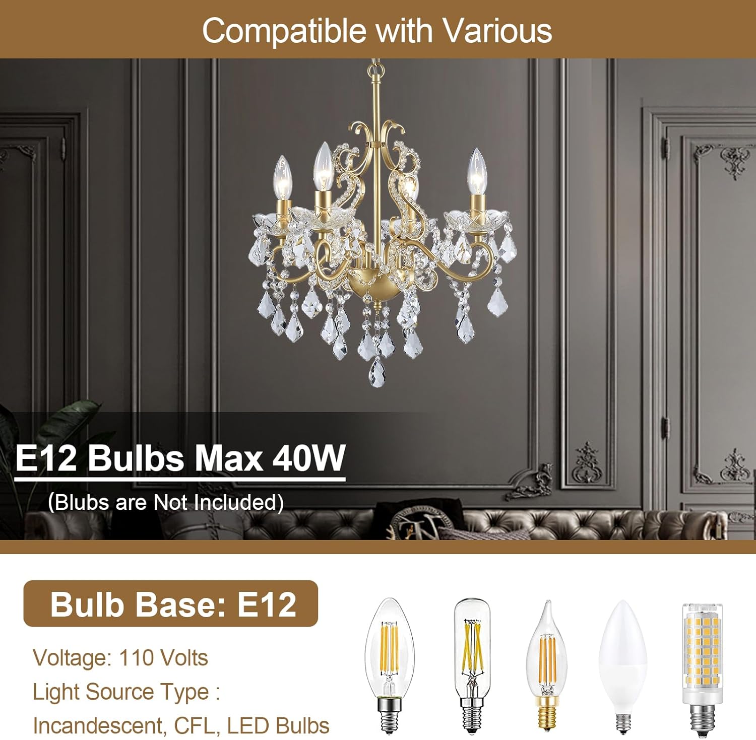 Mini Crystal Chandelier, Modern K9 Crystal Chandeliers for Dining Room, 4-Lights Gold Pendant Ceiling Light Fixture for Entryway Kitchen Island Bathroom Bedroom Living Room, H 21" x W 17.7"