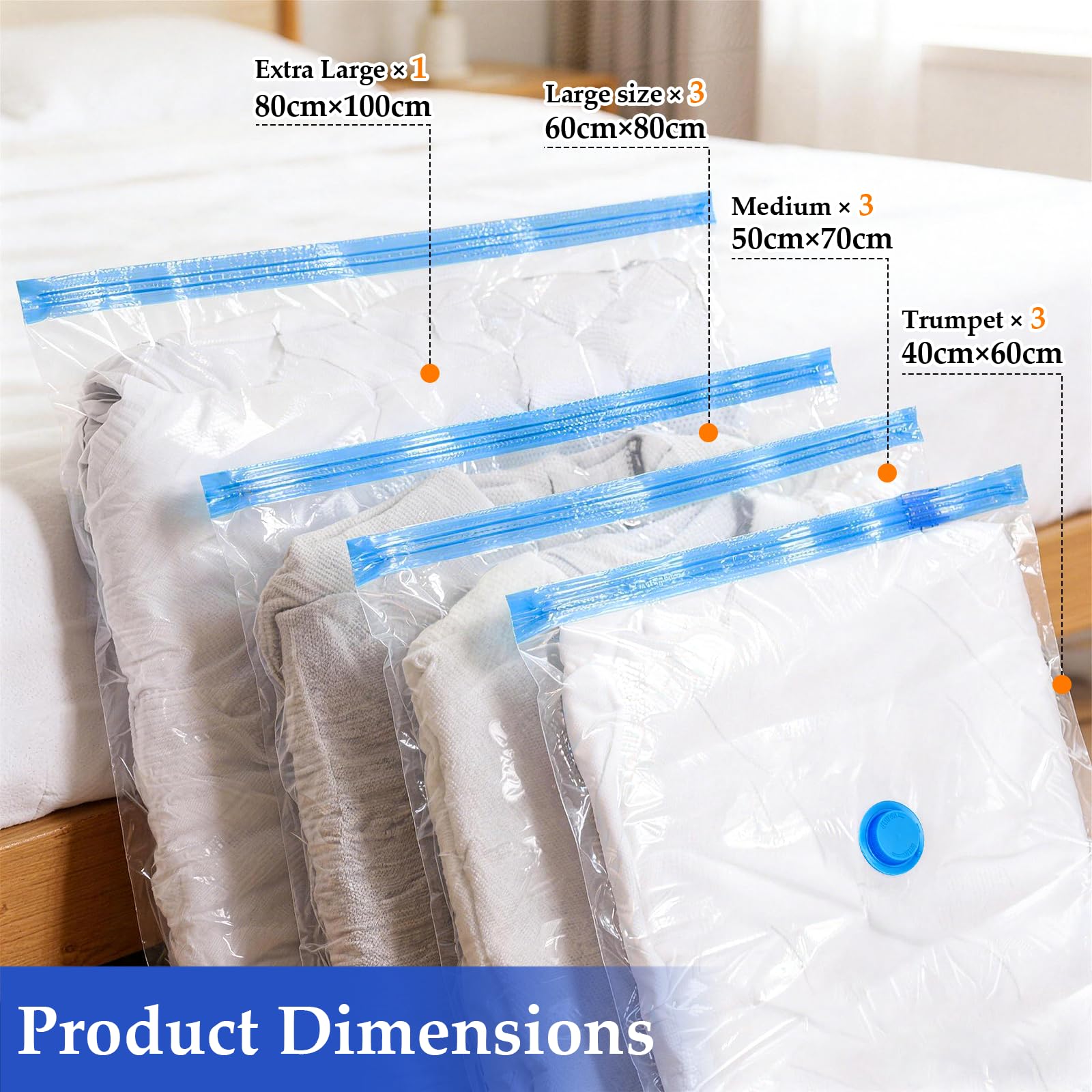 Sacchetti Sottovuoto Vestiti con Pompa Elettrica, 10 Pezzi (1XL 100 x 80 cm, 3L 80 x 60 cm, 3M 70 x 50 cm, 3S 60 x 40 cm), Riutilizzabili, Sacchi Sottovuoto Vestiti per Viaggi, Cuscini, Trapunte