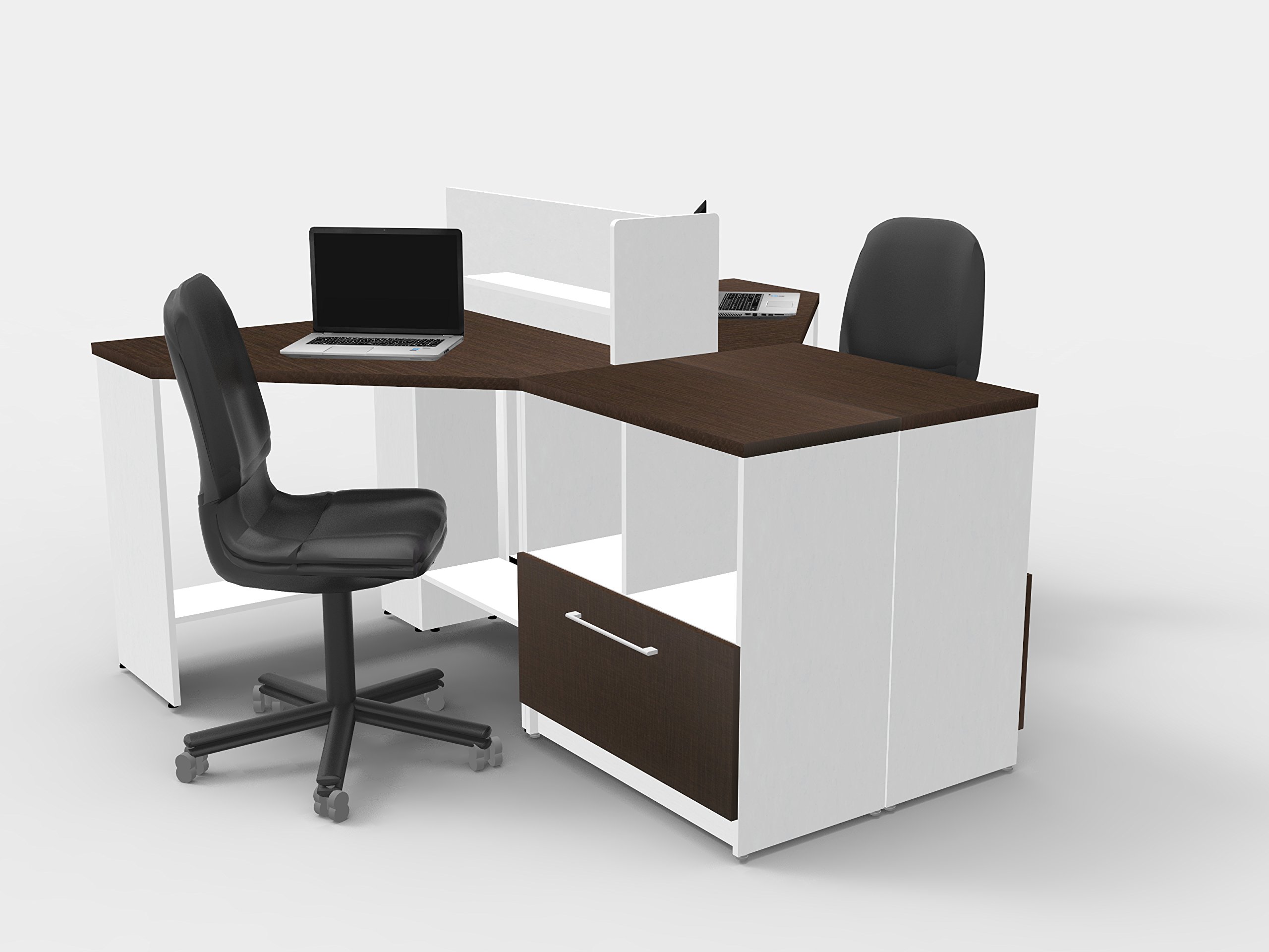 2 Person Office Reception Desk Reception Corner Collaboration Furniture Model 4330 5 Pc Group Contemporary White/Espresso Color.