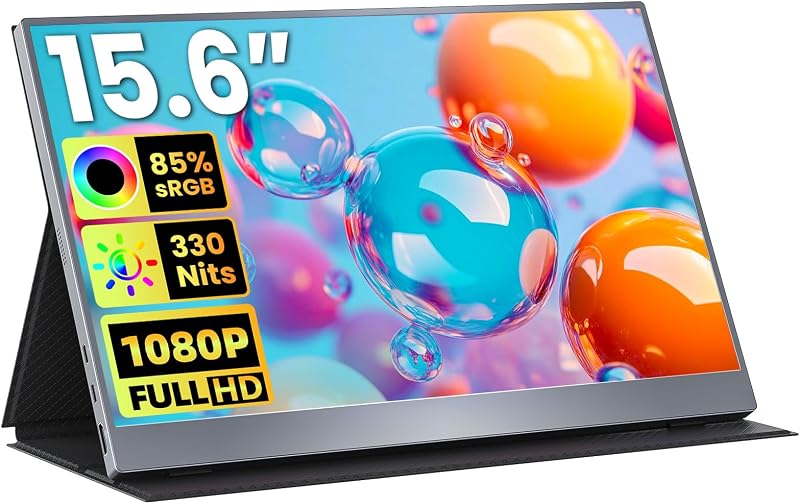 Portable Monitor 15.6 inch FHD 85% sRGB 60Hz HDR HDMI USB-C Travel Monitor for Laptop MacBook PC Surface PS5 Xbox, External Display with Cover & Speakers, VESA Compatible