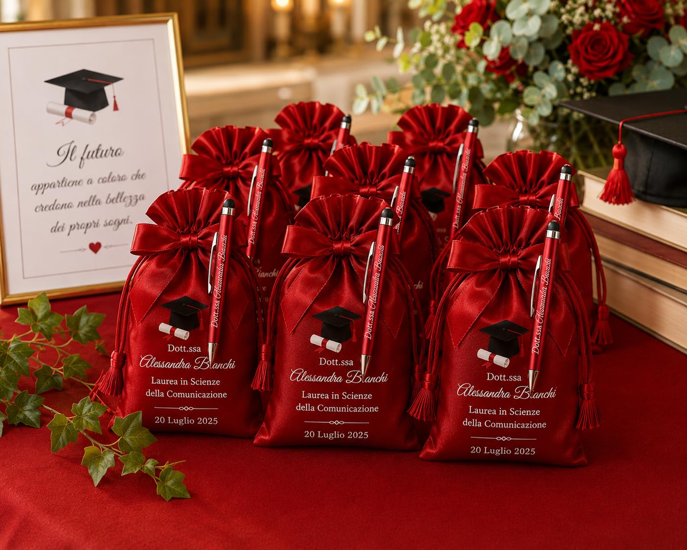 Cormar Kit Bomboniere Laurea Personalizzate, Rosso, 12 Sacchetti in Raso con 12 Penne Personalizzate, Nome, Facoltà e Data (STILE 3)