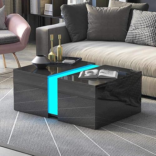 Moderna mesa de centro LED con compartimento oculto retráctil, tamaño pequeño, mesa auxiliar de almacenamiento de sofá de alto brillo para sala de