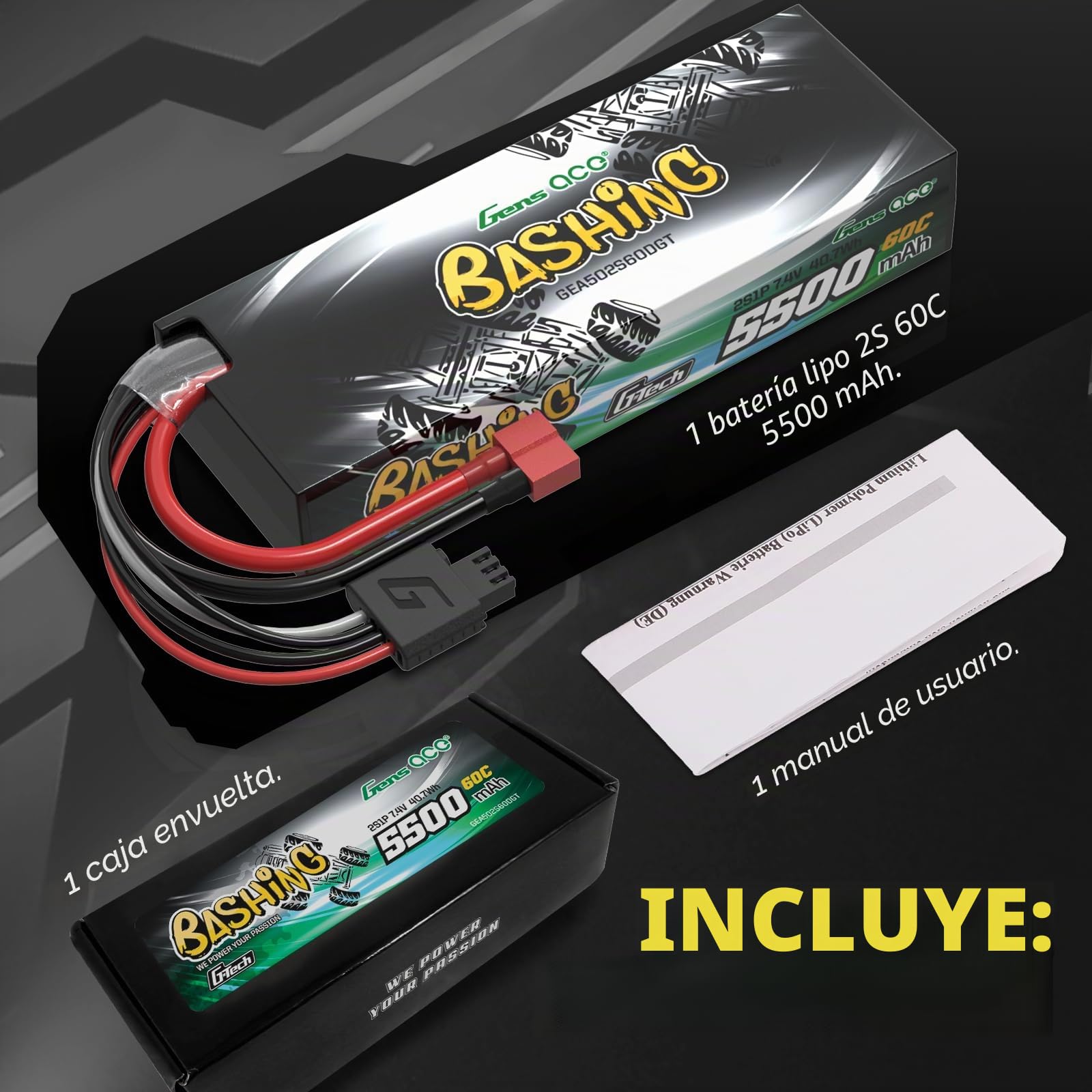Gens ace Batería LiPo 2S 5000 mAh 7,4 V 60C Hardcase con Conector Deans T – Batería RC para Coches, Camiones y Truggys 1/8 1/10