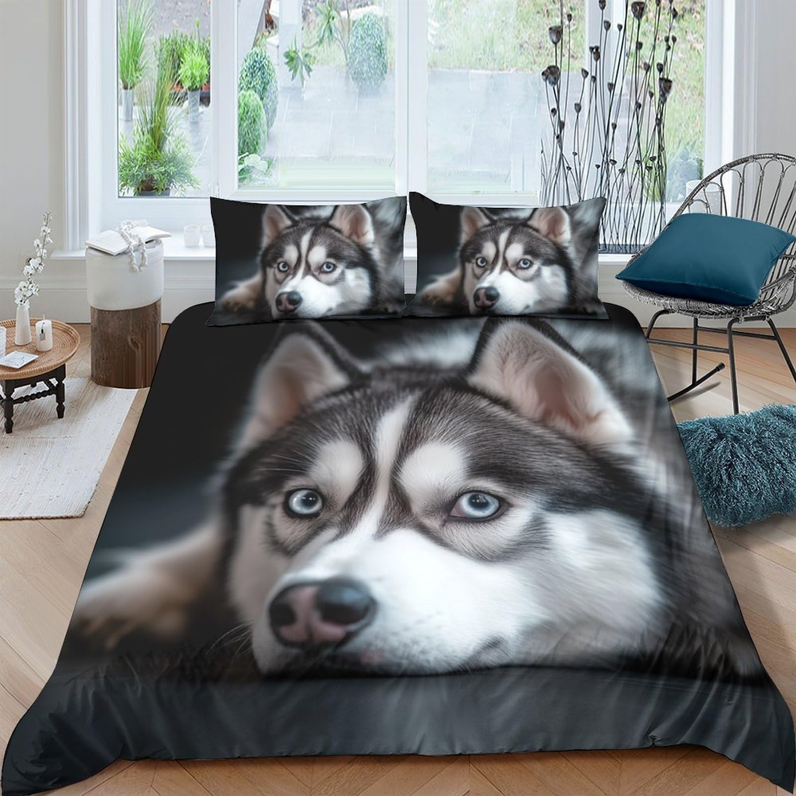 Ctjqhvkz Style-7 3D Printed Husky Dog Fitted Sheet Microfiber Soft Black White Wolf Pattern Mattress Cover Bedroom Decor For Home Dorm Single（135X200cm）