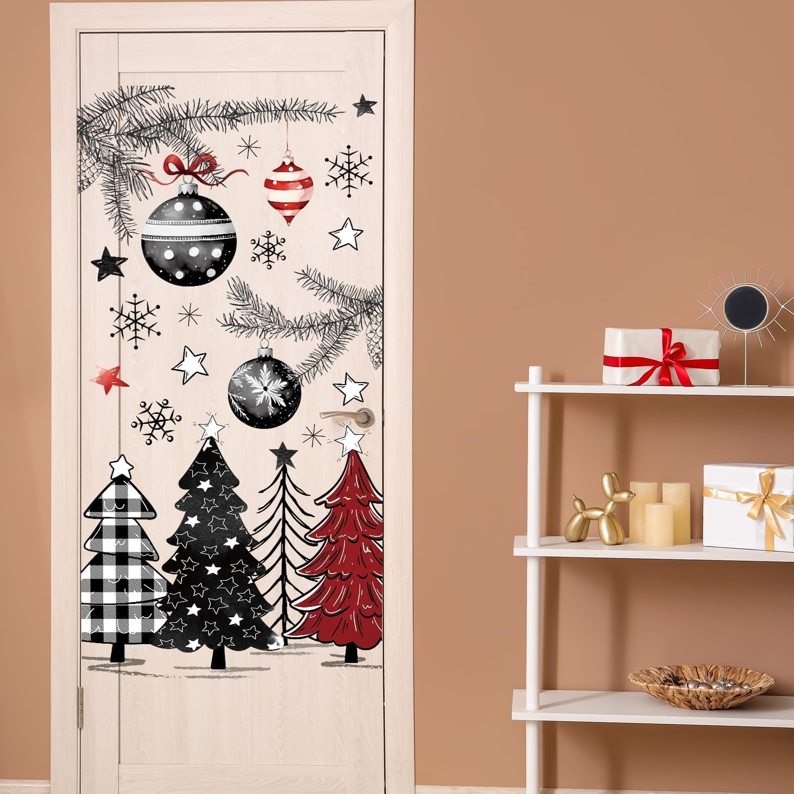 Frohe Weihnachten Türaufkleber Rot und Schwarz Büffel Plaid Weihnachtsbaum Schneeflocken Türaufkleber DIY Weihnachtsbaum Türaufkleber Wandbild Abziehbilder für Weihnachten Winter Home Tür Wand