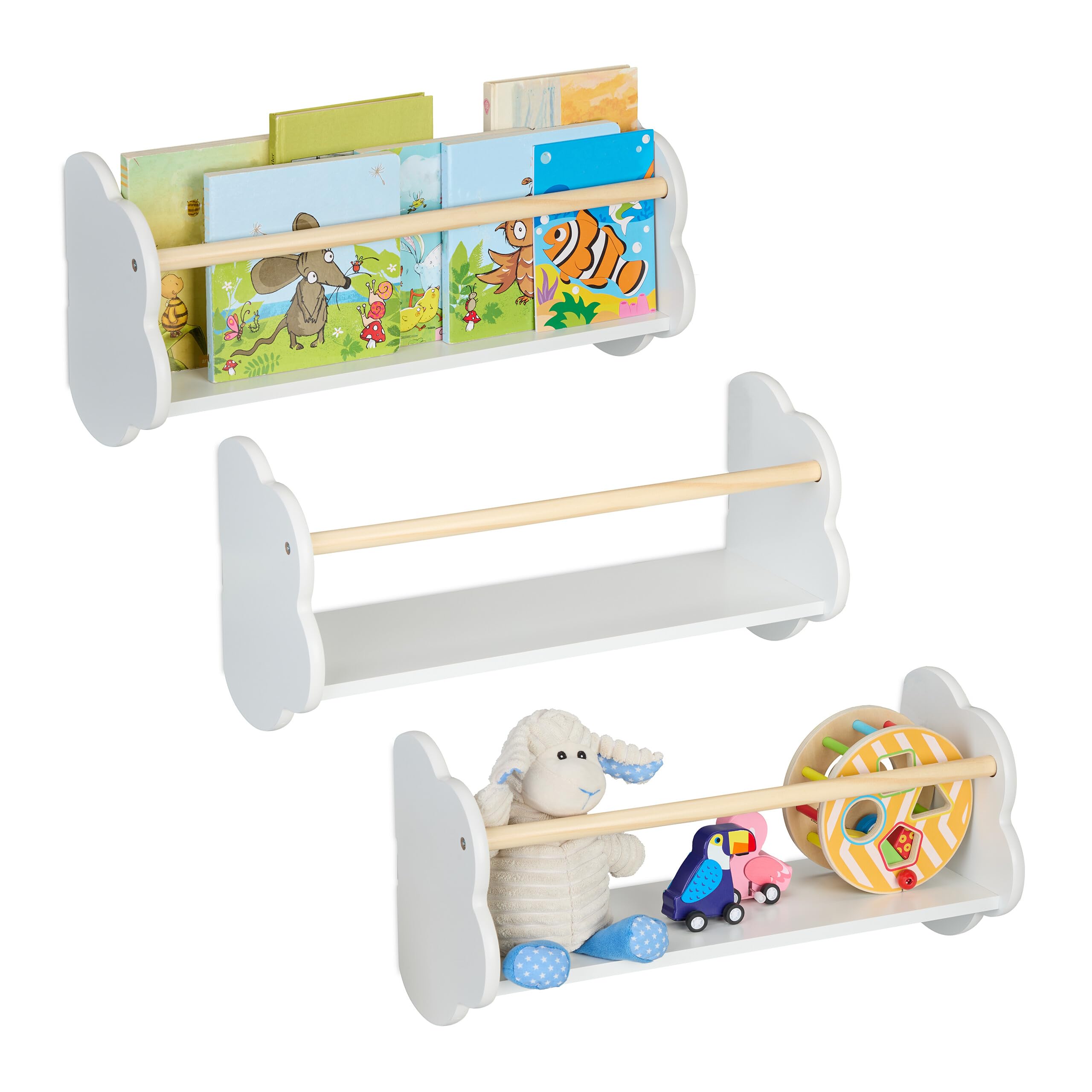 Relaxdays Librerías Infantiles de Nube, Set de 3, Baldas Flotantes Pared, 24x50x18cm, Estantería Niños, Blanco y Natural