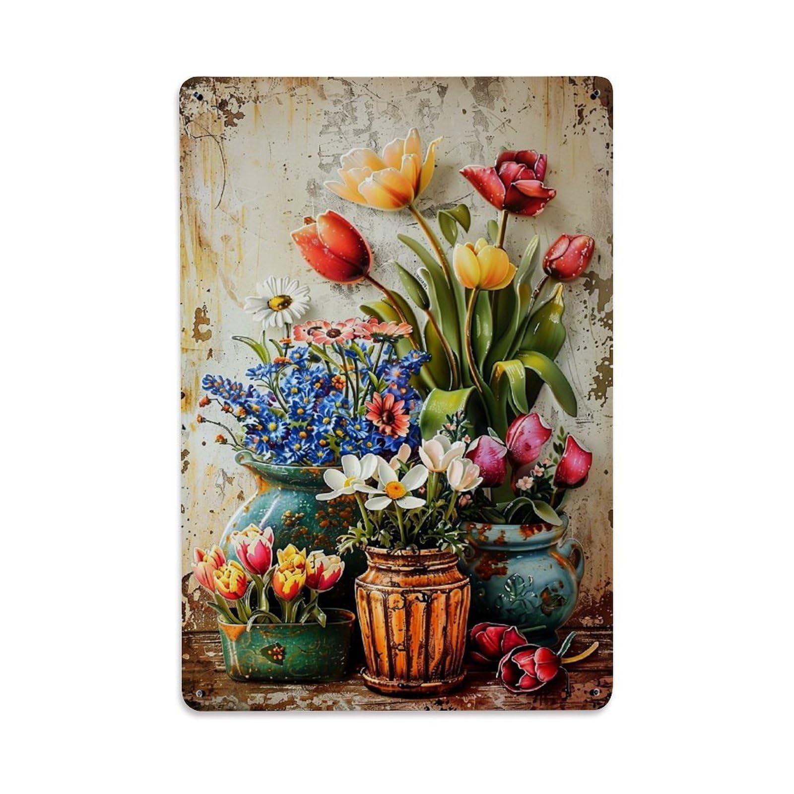 Jdfenggu Vintage Floral Arrangement Vase Pattern Print Retro Metal Tin Sign, Decor Art Poster For Bar, Home, Man Cave, Kitchen, Laundry Room Gift 8X12inch