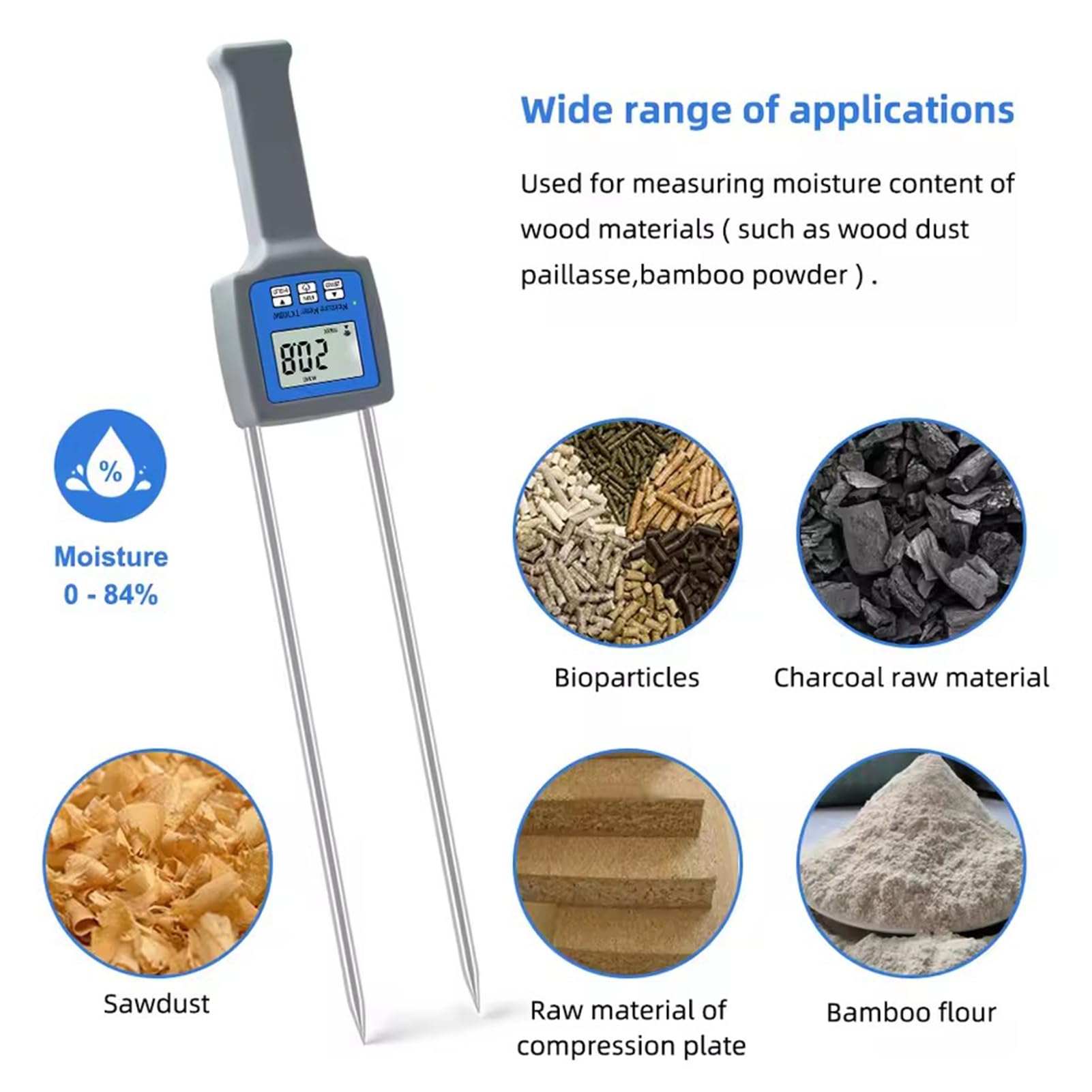 Medidor de humedad de madera con sonda de alta precisión, rango de medición 0-84%, ideal para paillasse, polvo de bambú, aserrín y polvo de madera