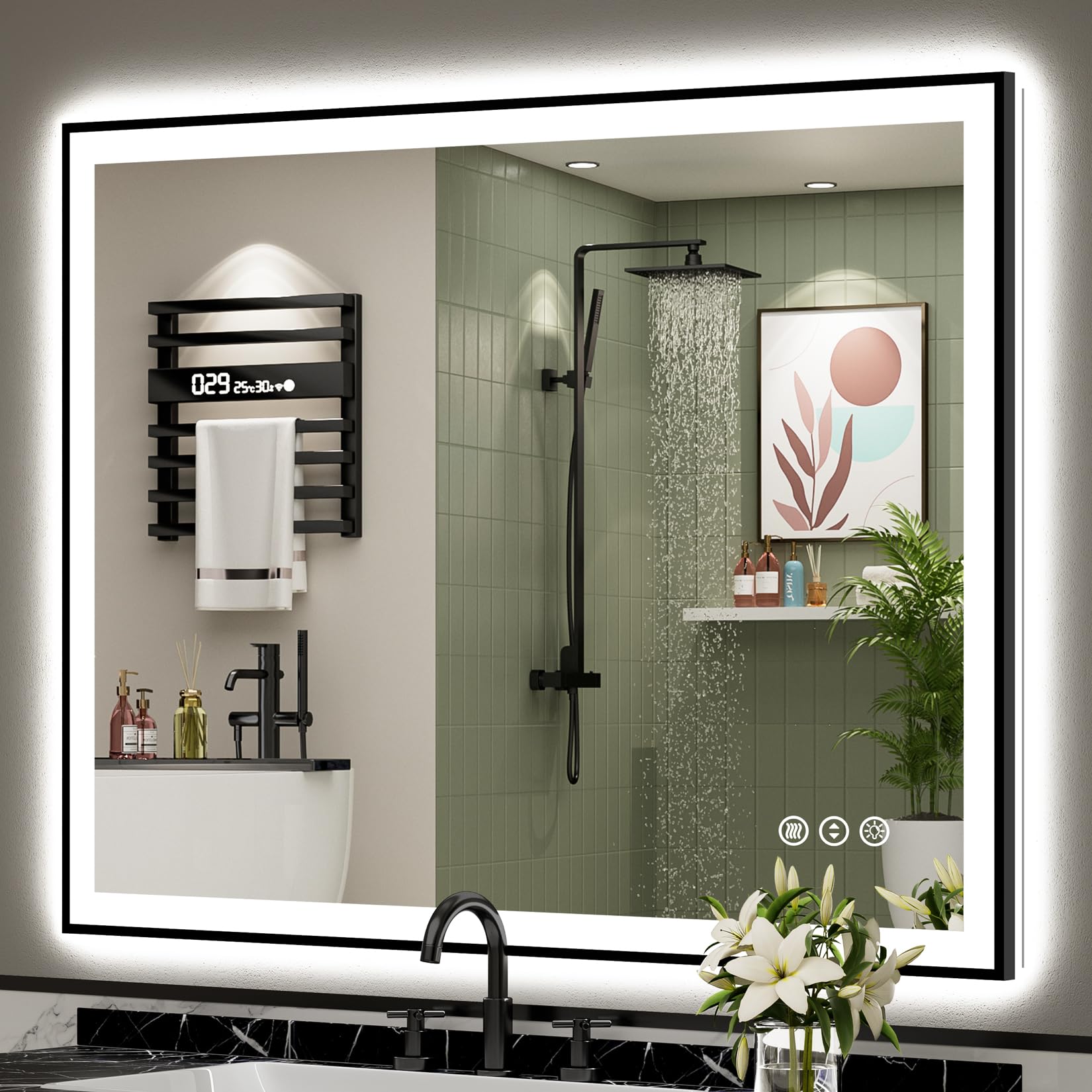 48x40 Black Framed LED Bathroom Mirror with Lights, Backlit and Front Lit Anti-Fog Lighted Vanity Mirror for Bathroom Wall, Dimmable, 3 Colors, Memory, Shatter-Proof, HD Tempered Glass, CRI 95