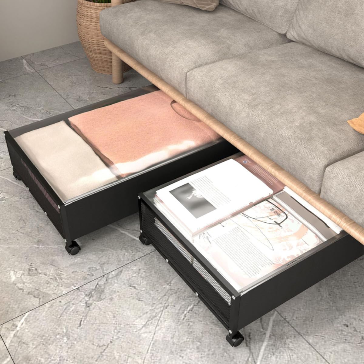 BESPORTBLE Under Bed Storage Box with Wheels Multifunctional Mesh Organizer for Clothes Books Bedroom Storage Container Dustproof Black Transparent Lid