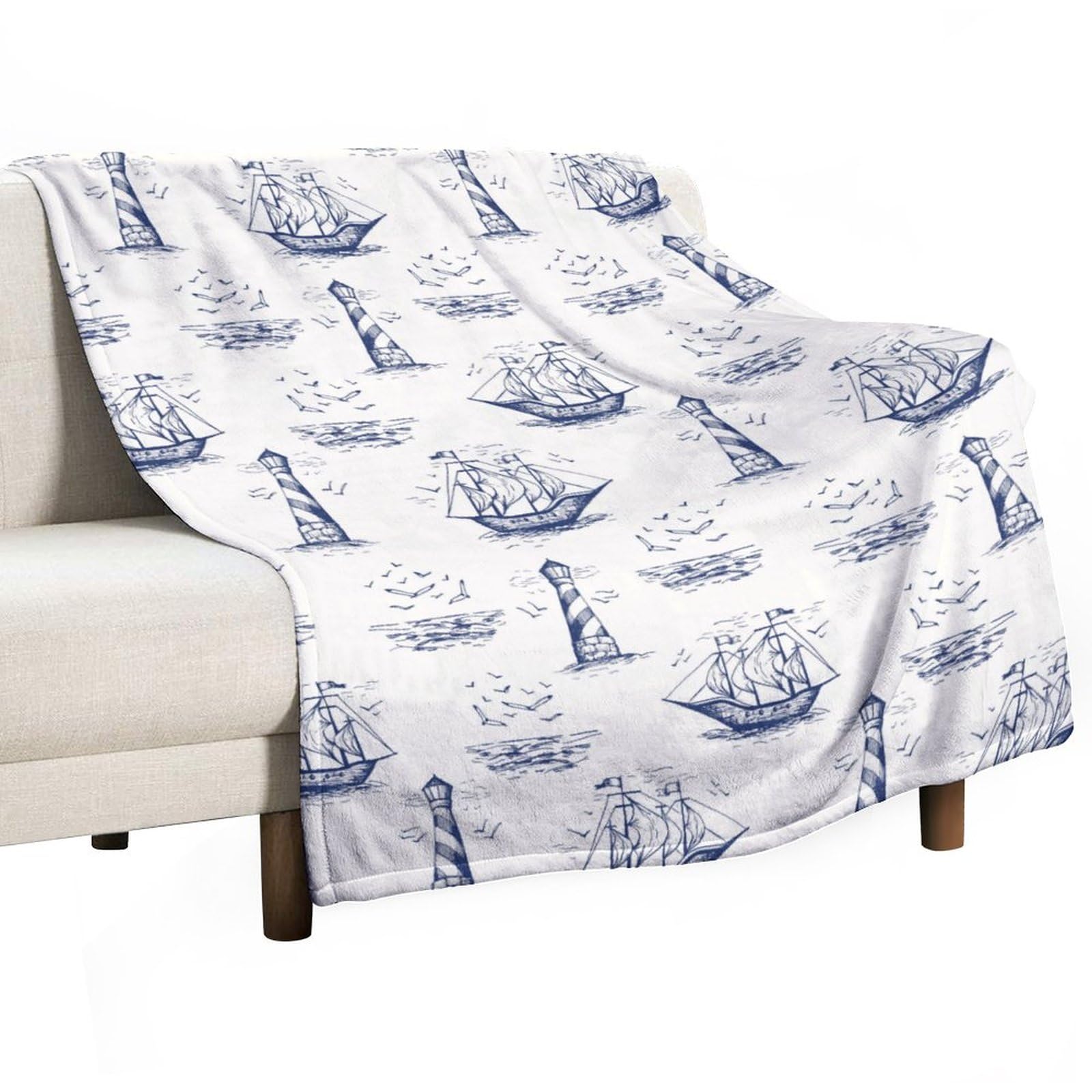 Homeoanimal Nautical Lighthouse Seagulls Seaside Scenery Ships Print Throw Blanket 130 x 150 cm, Lightweight Flannel Blanket, Cozy Microfiber Blankets for Couch Sofa Bedroom Decorative