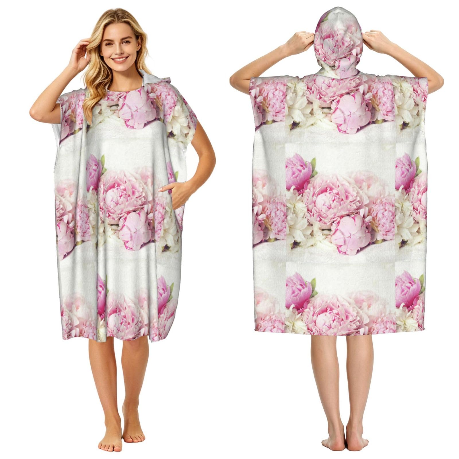 Poadnly Peonies On White, Adult Hooded Beach Towel 90 x 110 cm,Changing Bath Robe, Surf Poncho Towel For Women Men
