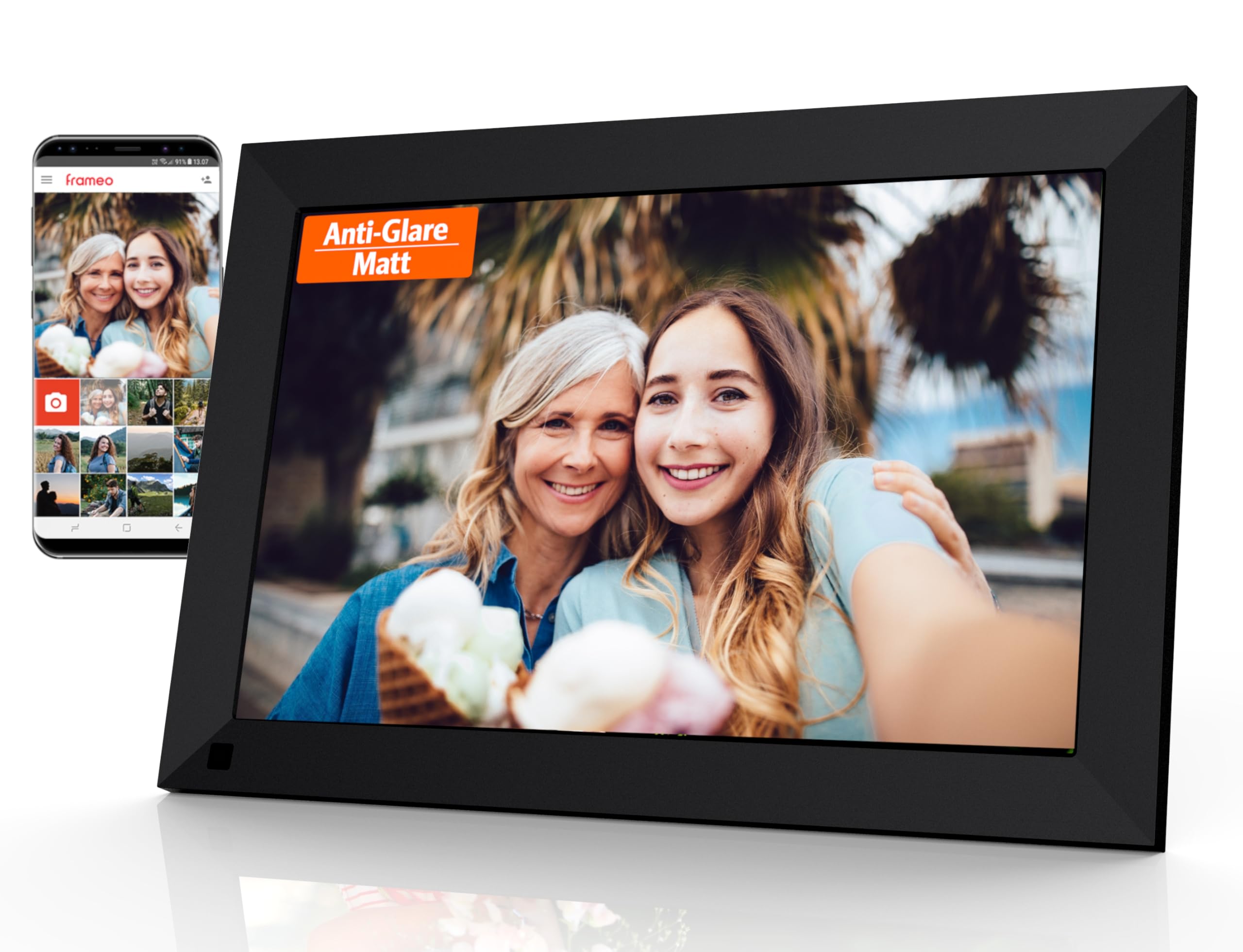 Cytem Cadre photo numérique 10,1" avec Wi-Fi et frameo, anti-reflet, mat, mémoire 32 Go, détecteur de mouvement, image, cadre photo électronique, écran tactile IPS 1280 x 800, noir