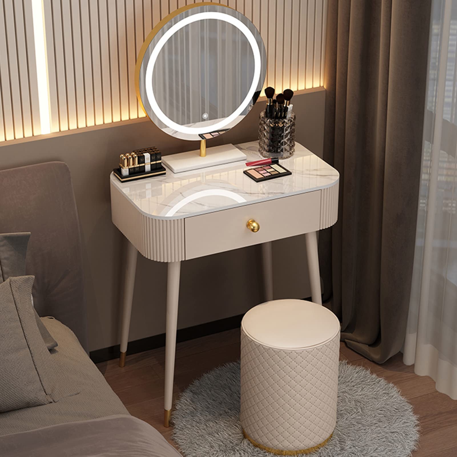 asdchZen Touch Screen Dimming Vanity Desk With Cushioned Stool, Makeup Table With Sliding Storage Drawers, Ideal For Women, Mothers, Girls' Bedroom,1-80cm/31.4in