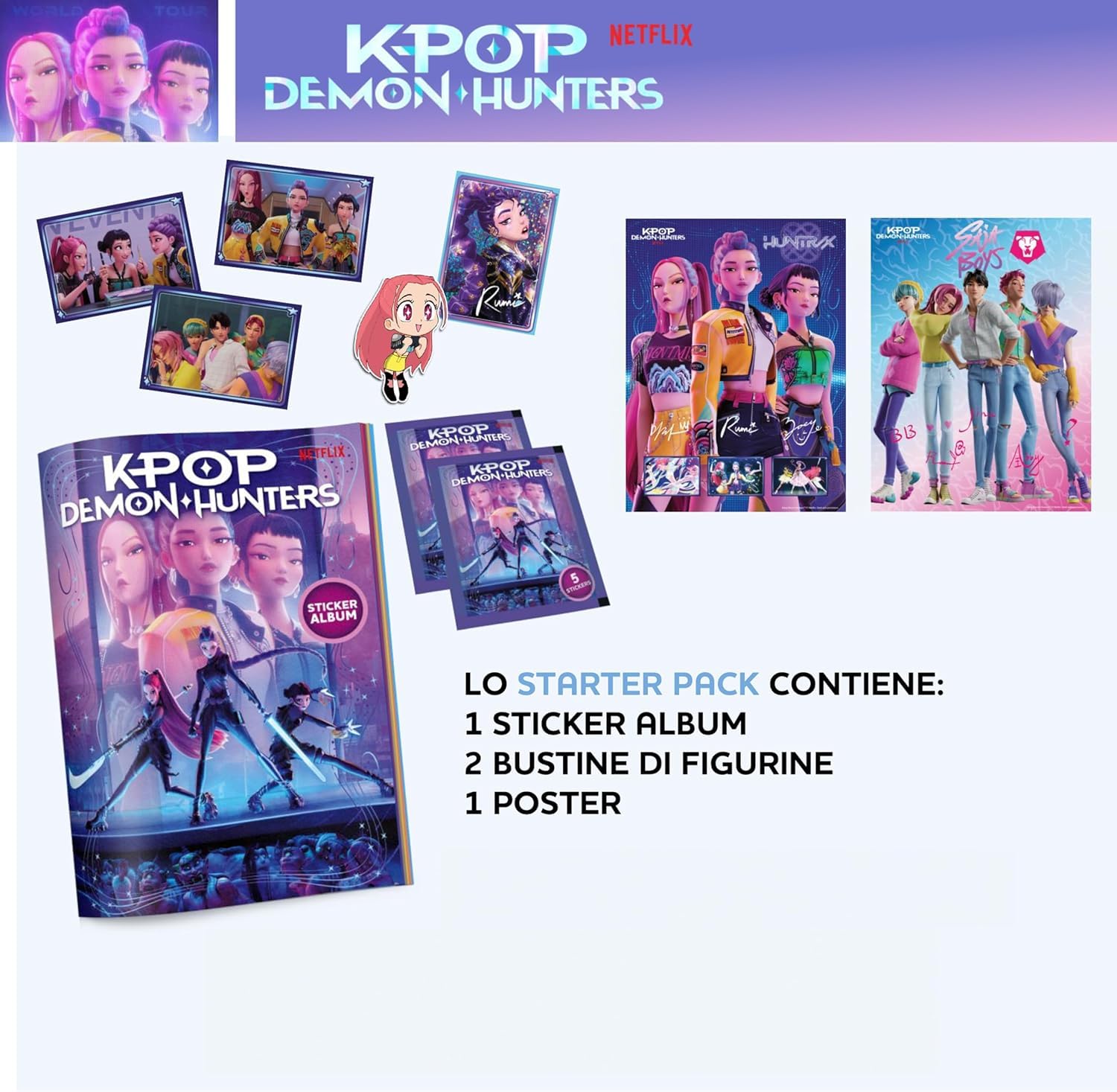 K-Pop Demon Hunters Starter Pack – Album Sticker + 2 Bustine Figurine + Poster Ufficiale, Set Collezione Fan K-Pop - 4
