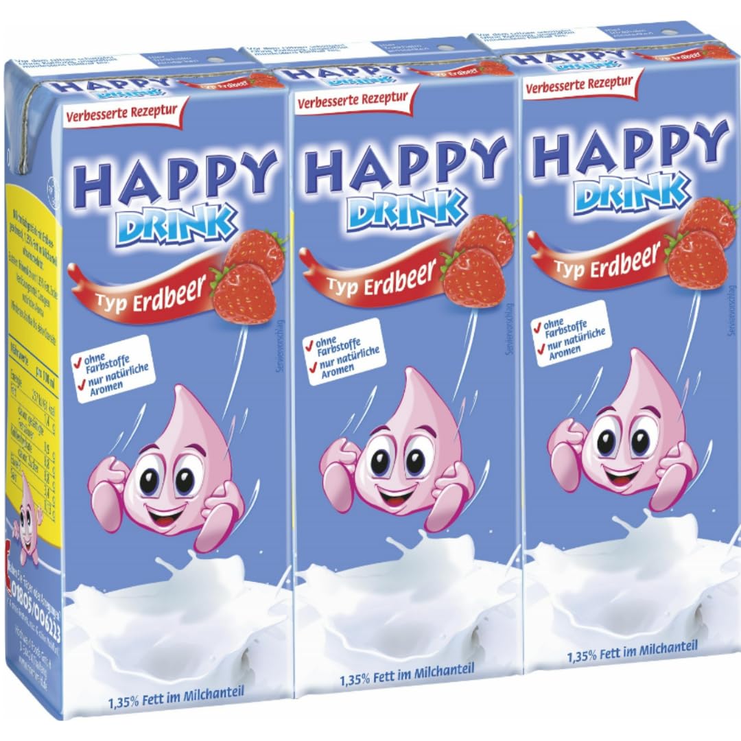 Happy Kiddis Drink Erdbeer milch Erdbeergetränk 200 Mililiter x 48 Dose Mit Pufai Grocery