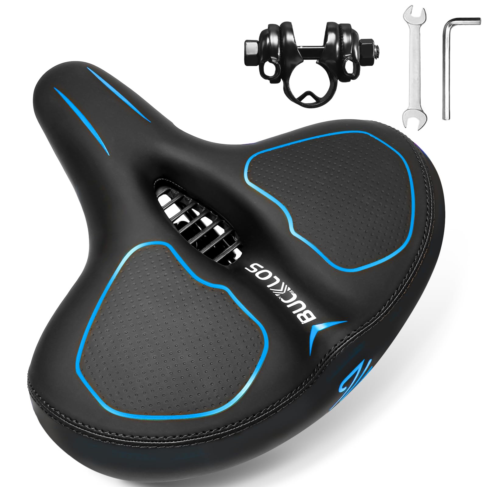BUCKLOS Bequemes extra breites Fahrradsitzkissen für Damen und Herren, Heimtrainer/Stationär/Peloton/Spin-Fahrradsitze Komfortschaum gepolstert, wasserdichte Fahrradsättel mit doppeltem stoßdämpfendem