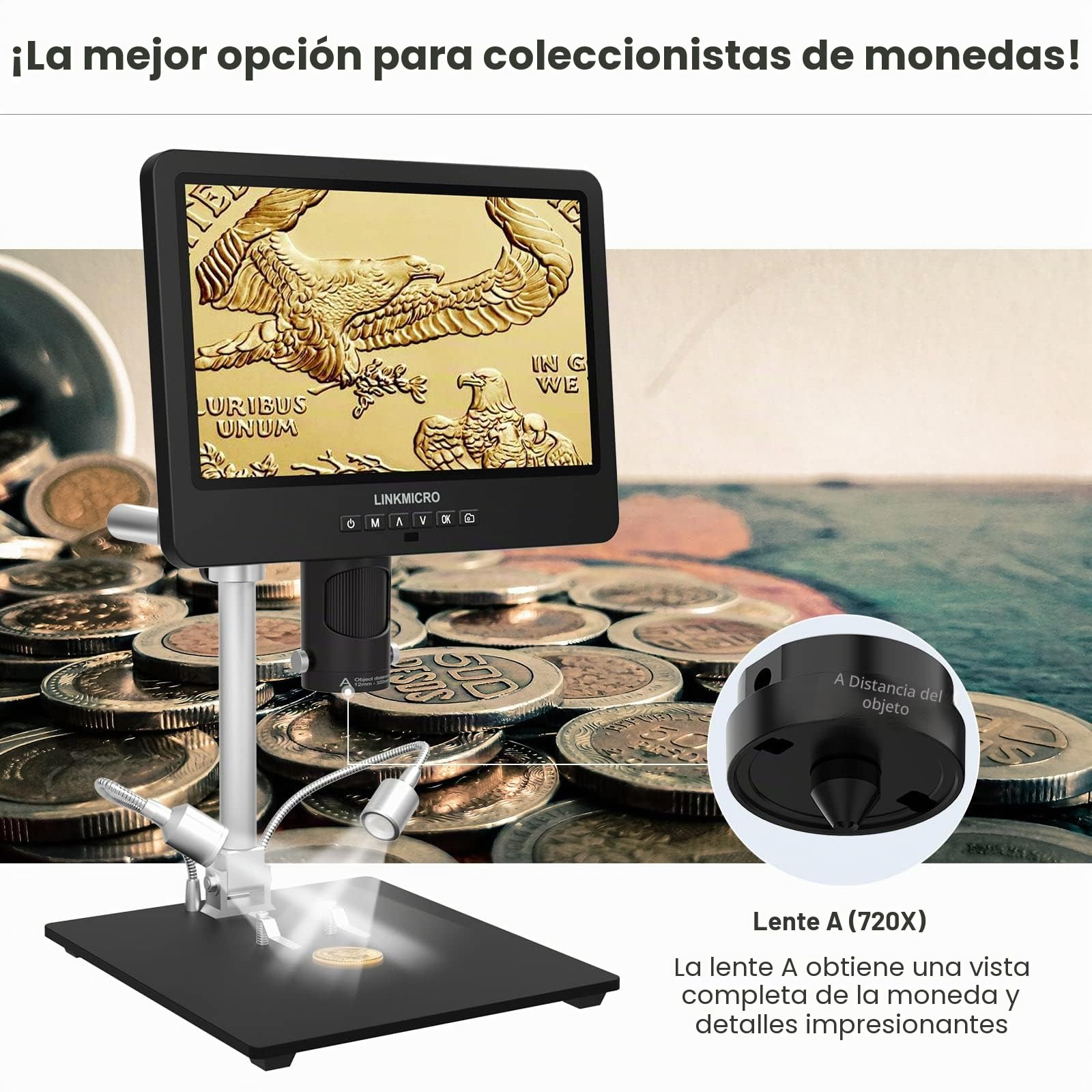 LM249S Microscopio Digital de 3 Lentes de 10" HDMI 2000X UHD 2160P Microscopio de Soldadura 13" Soporte metálico para reparación de PCB SMD, Adultos Cámara de microscopio de Monedas USB