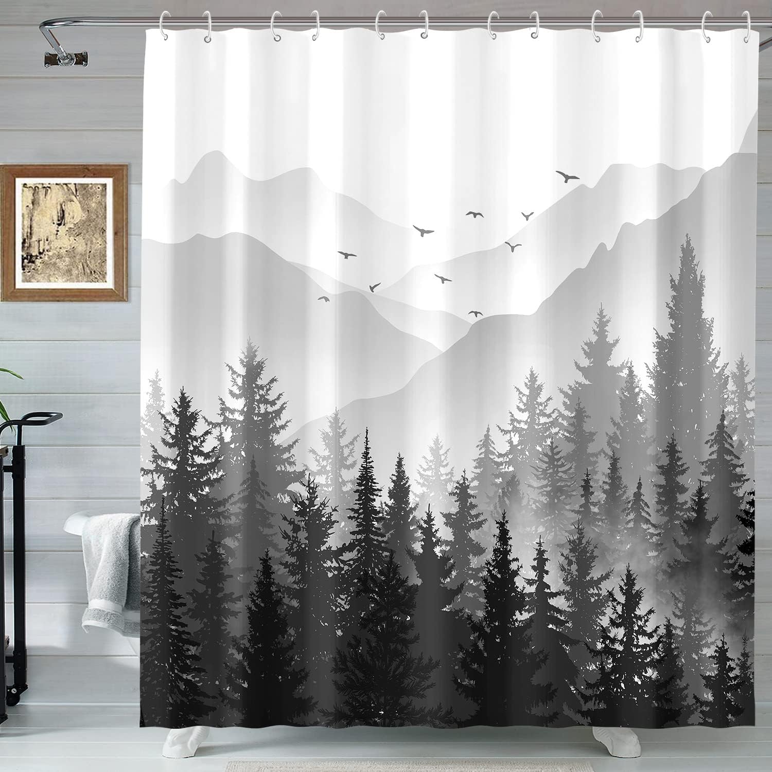 Lifezilla Mountain Nature Dark Forest Shower Curtain Set Waterproof Fabric Cool Decorative Bathroom Bath Curtain Decor (72 x 72)