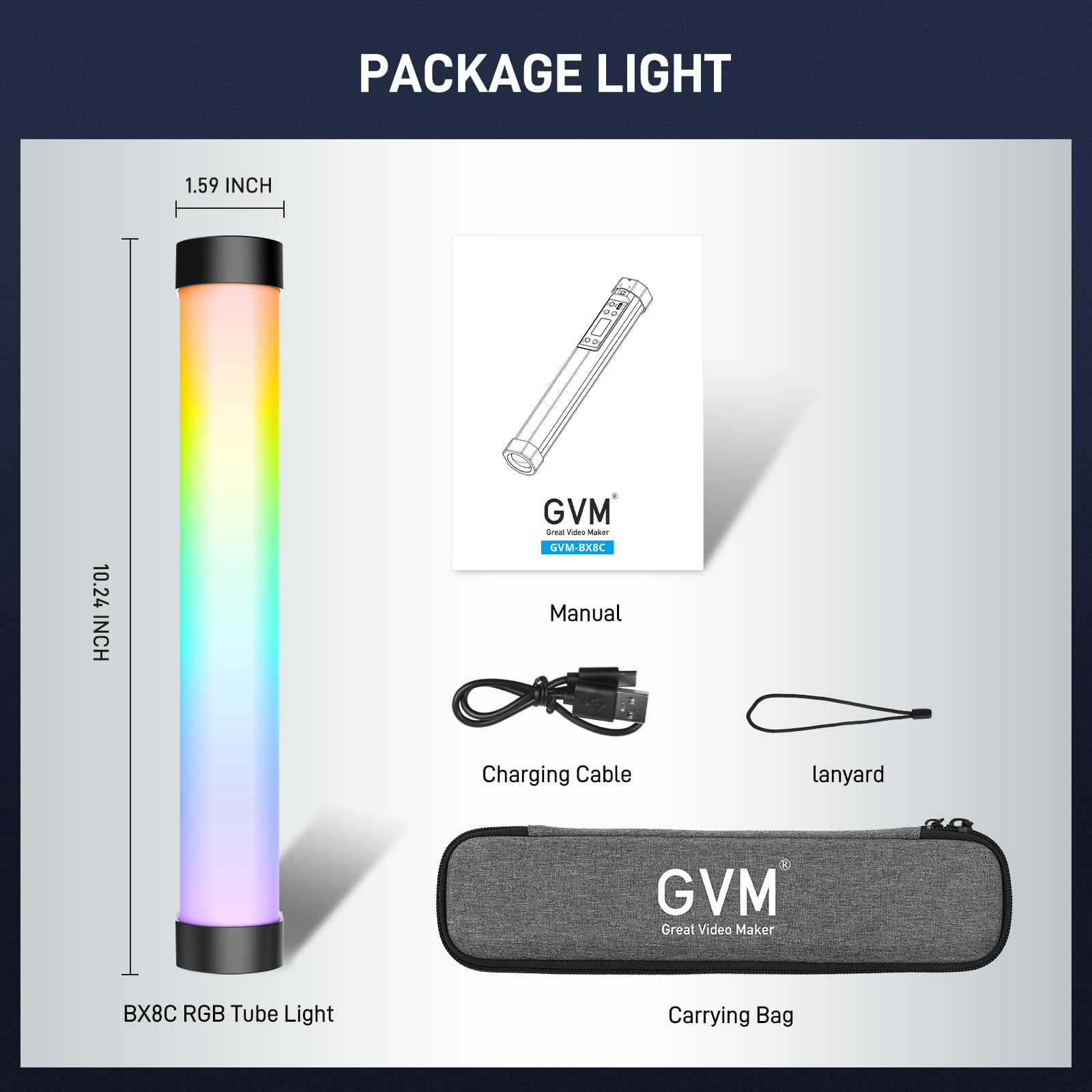 GVM - Tubo luminoso RGB con messa a fuoco, luce magnetica per fotografia a mano, 2000 K-10000 K, CRI97+ con batteria integrata da 3300 mAh, effetti 6 pixel, 12 scene