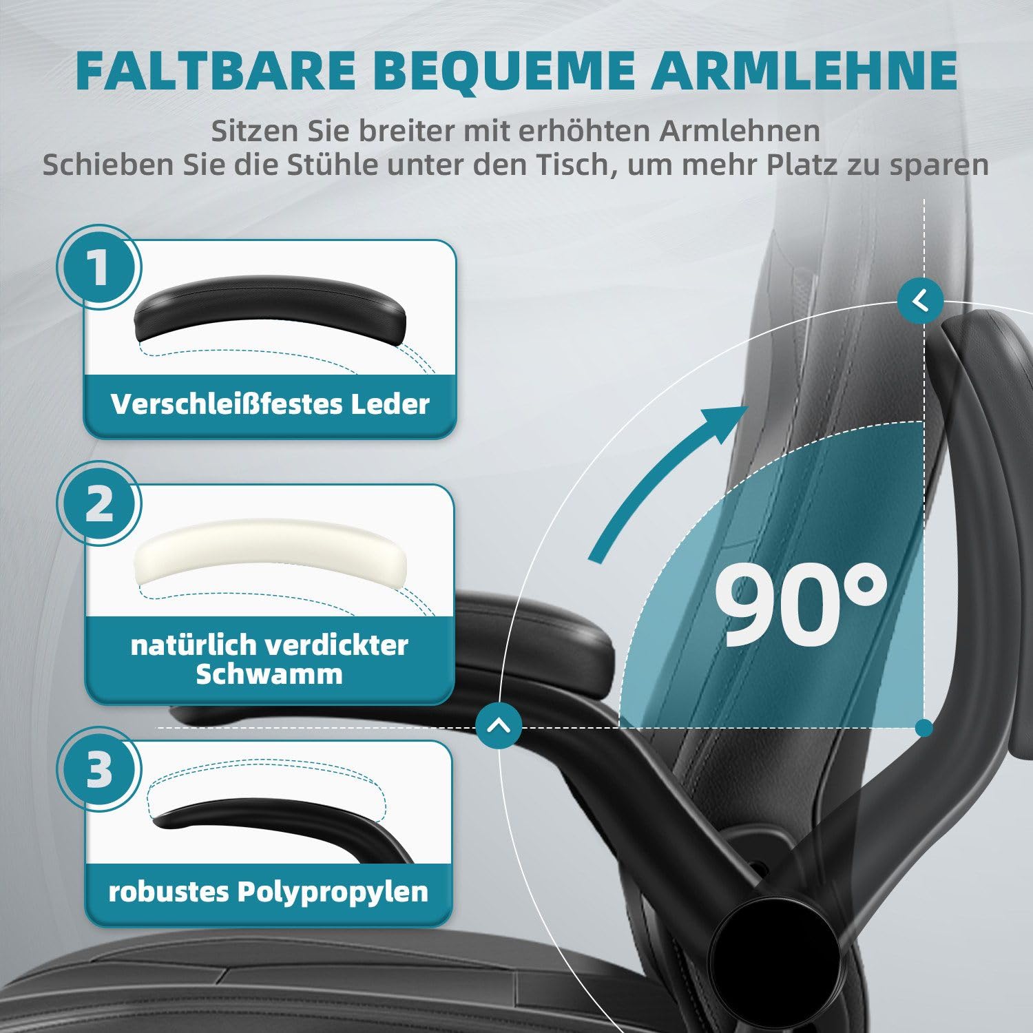 Chefsessel, Bürostuhl mit Klappbare Armlehnen, Schreibtischstuhl, Gaming Stuhl, Bürostuhl Ergonomisch,Bürostühle,Office Chair,135°neigbar,Bürostuhl 150 kg,Chefsessel Bürostuhl,Bürostuhl Leder