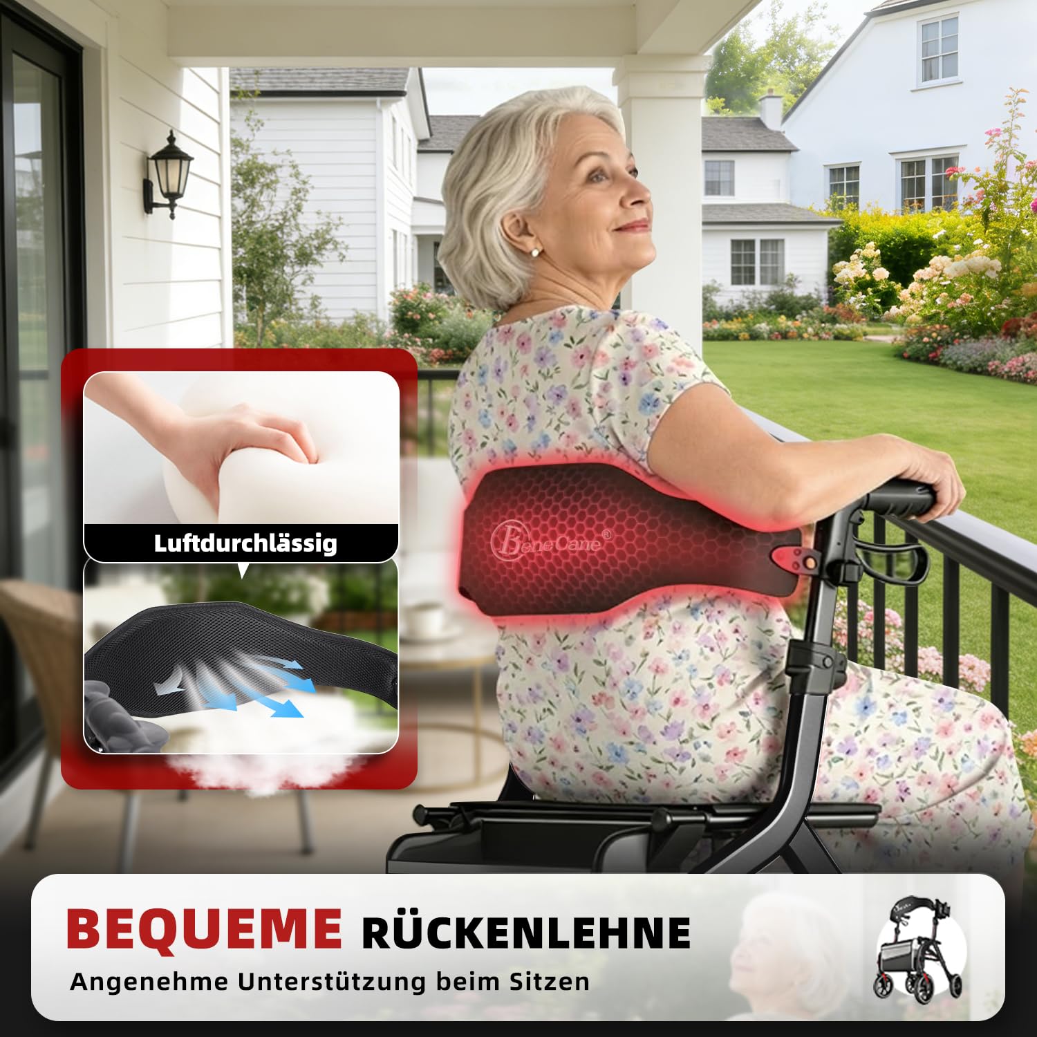 BeneCane Andador Plegable y Ligero Outdoor como Ayuda para Caminar y Levantarse, Andador de Viaje Regulable en Altura con Asiento, para Personas Mayores con Bolsa y Correa para la Espalda