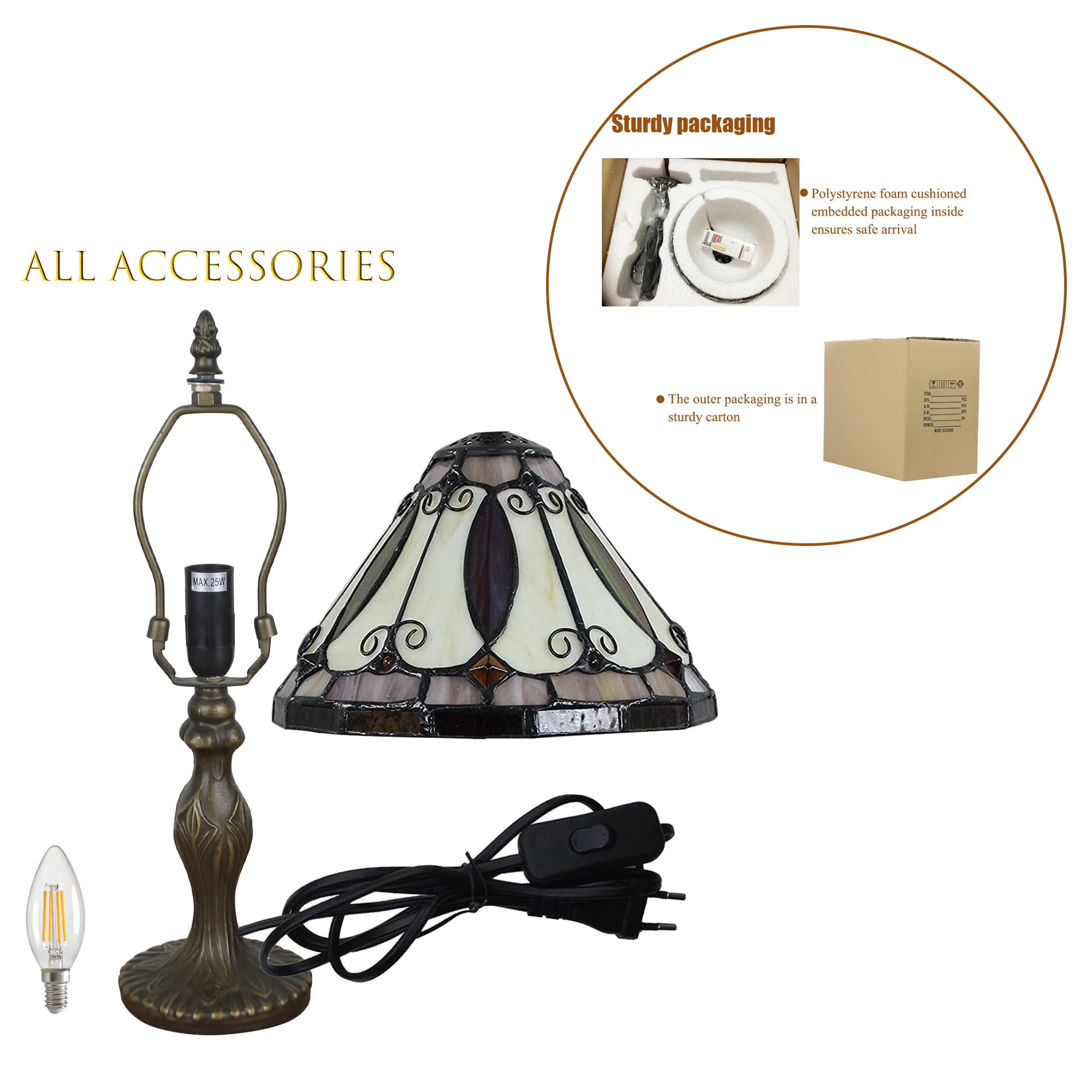 Tischlampe kleine im Tiffany Stil,Vintage Nachttischlampe,Buntglas Lampenschirm 20cm / 8 Zoll,Schlafzimmer Fensterbank Deko Lampe,Jugendstil Tischleuchte,mit LED E14 Birne