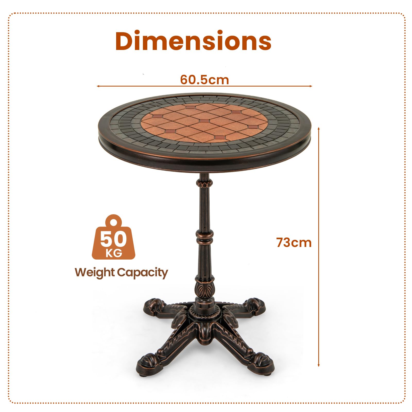 KOMFOTTEU Mesa de Jardín Redonda de Aluminio Fundido, Mesa de Comedor con Carga de 50 kg, Textura Tallada, para Terraza, Balcón, φ60,5 x 73 cm, Bronce