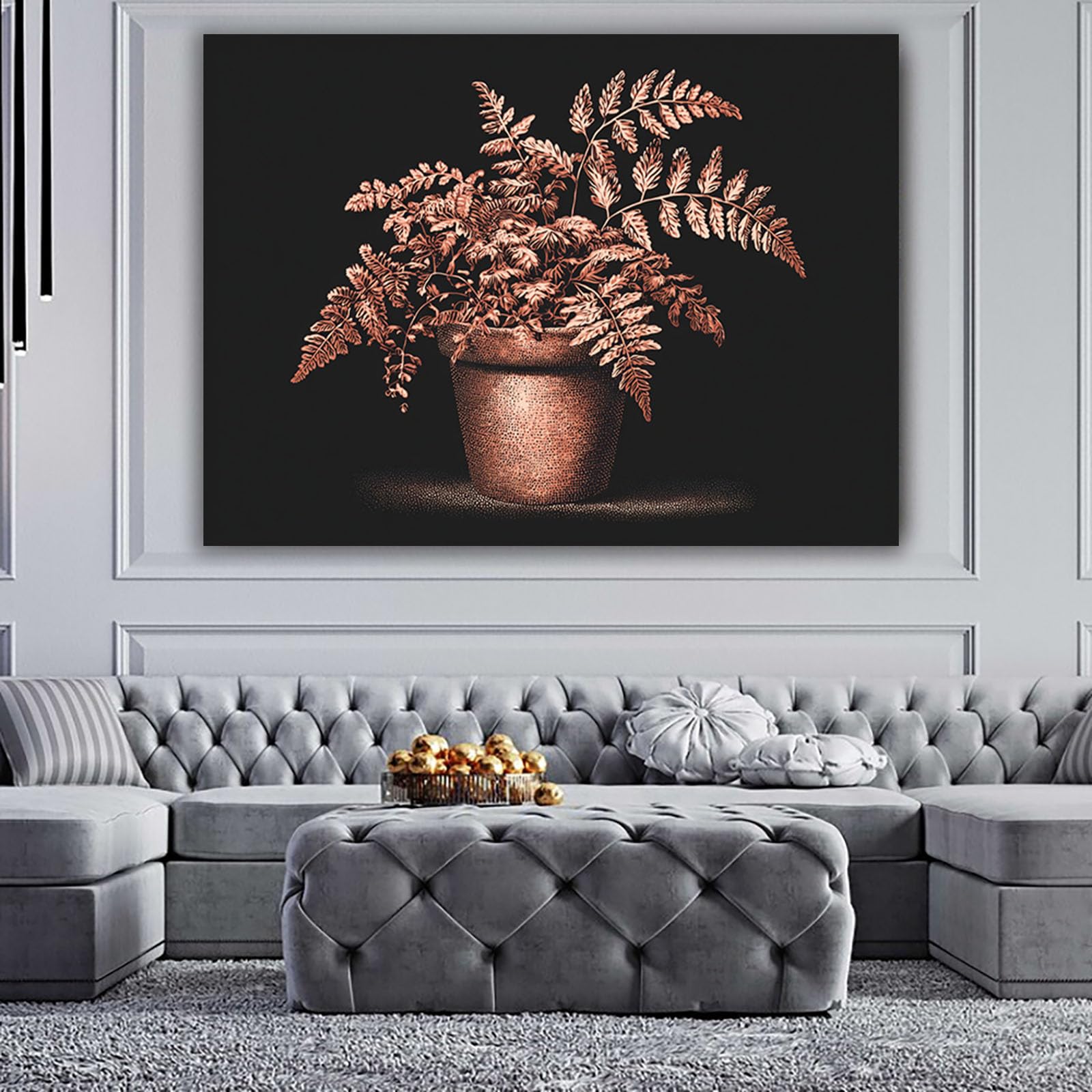 ZAMAEIU pósteres abstractos de hoja botánica impresa Macetas de helechos de cobre Arte Decorativo de la Oficina Sala de Estar（Negro-30x50cm Enmarcado