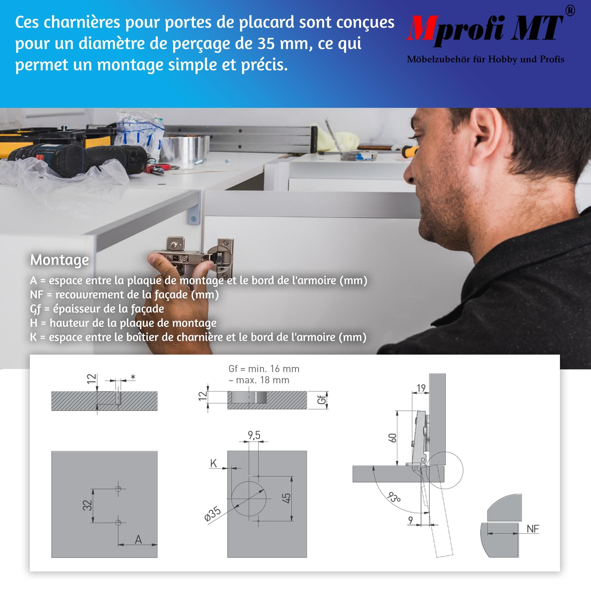 Mprofi MT® 20 Pièces | Charnières Porte Placard | Porte Existante | Ø35mm Charnières de Placard de Meuble | Charnière Invisible | Charnière de Cuisine pour Porte D'armoire
