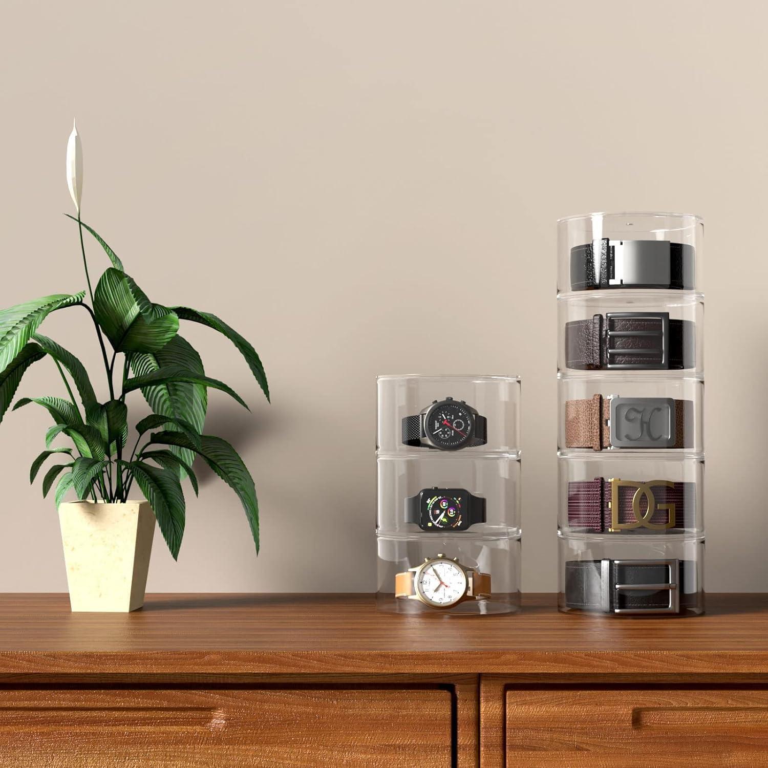 Organizador de cinturón, estante acrílico para cinturón de 5 capas, bandeja de almacenamiento, soporte de cuero para joyas, relojes y pulseras