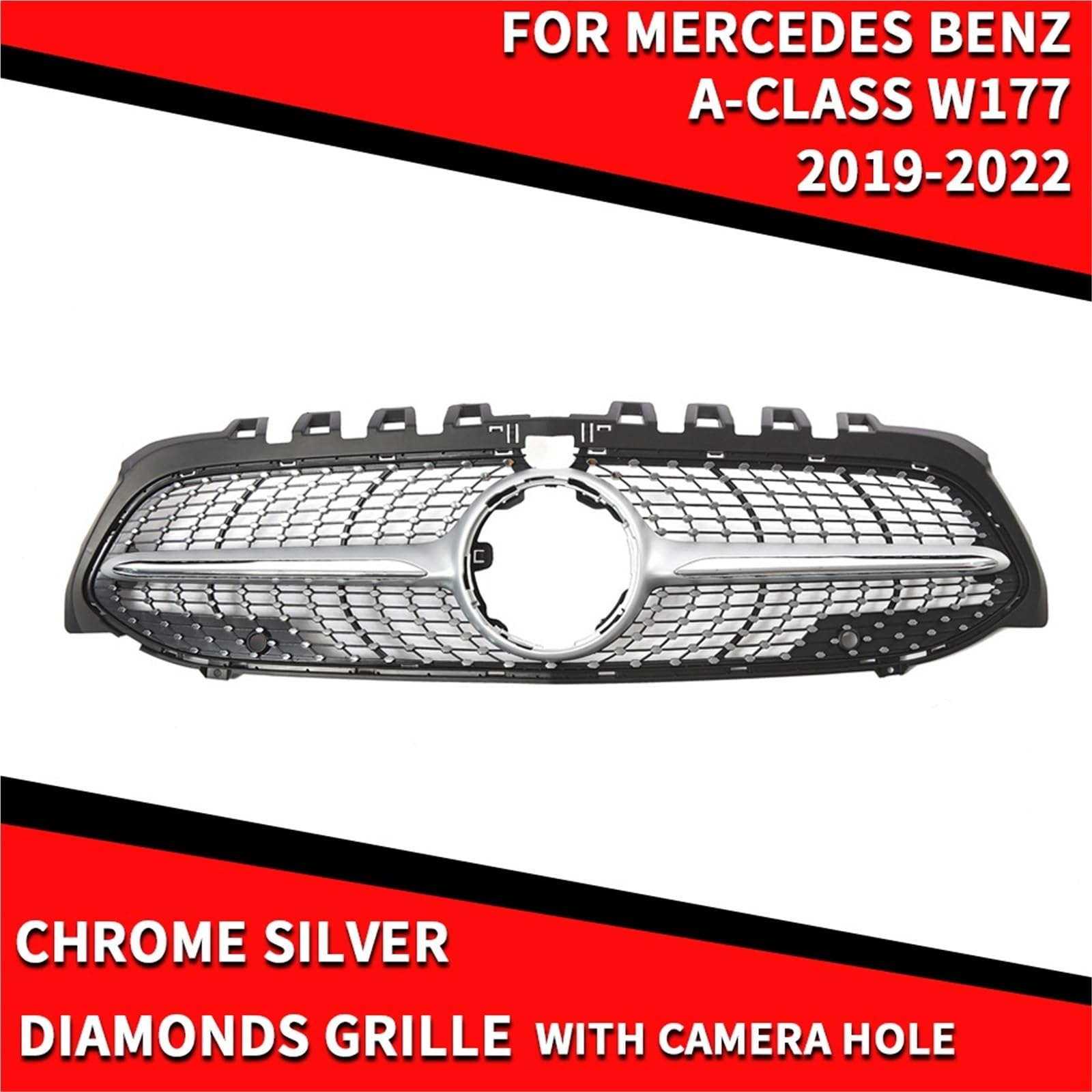 Pasuje do Mercedes Benz A-Class W177 2019-2022 A200 A220 A250 A35 AMG Chromowany diamentowy grill w stylu Czarny GTR przedni zderzak(Diamonds-Silver W360)
