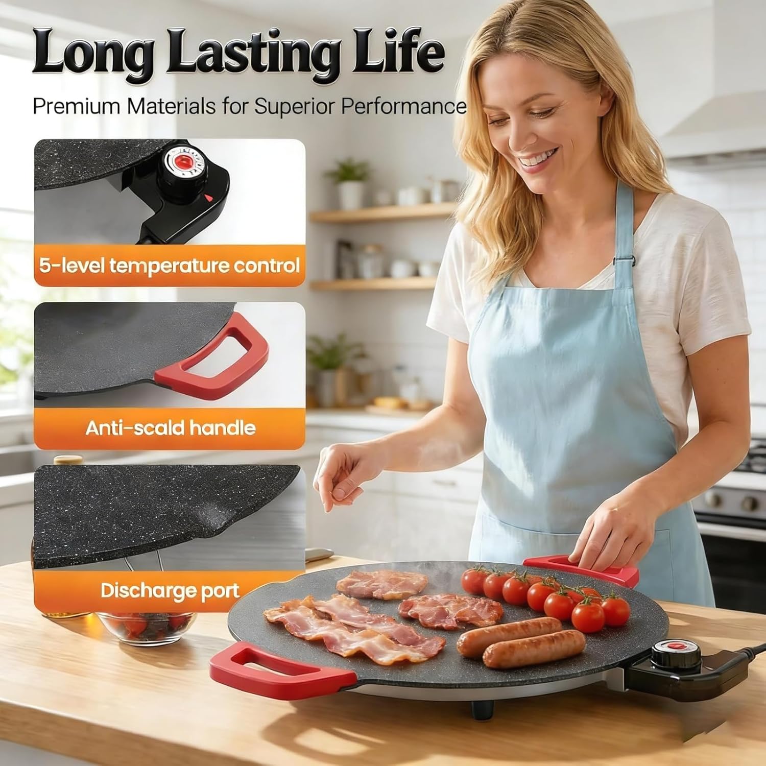 Multi-functional Smokeless Portable Electric Grill with Adjustable Temperature, Fast Heating for Steaks, Burgers, Pancakes and Indoor Cooking (40cm/16in)