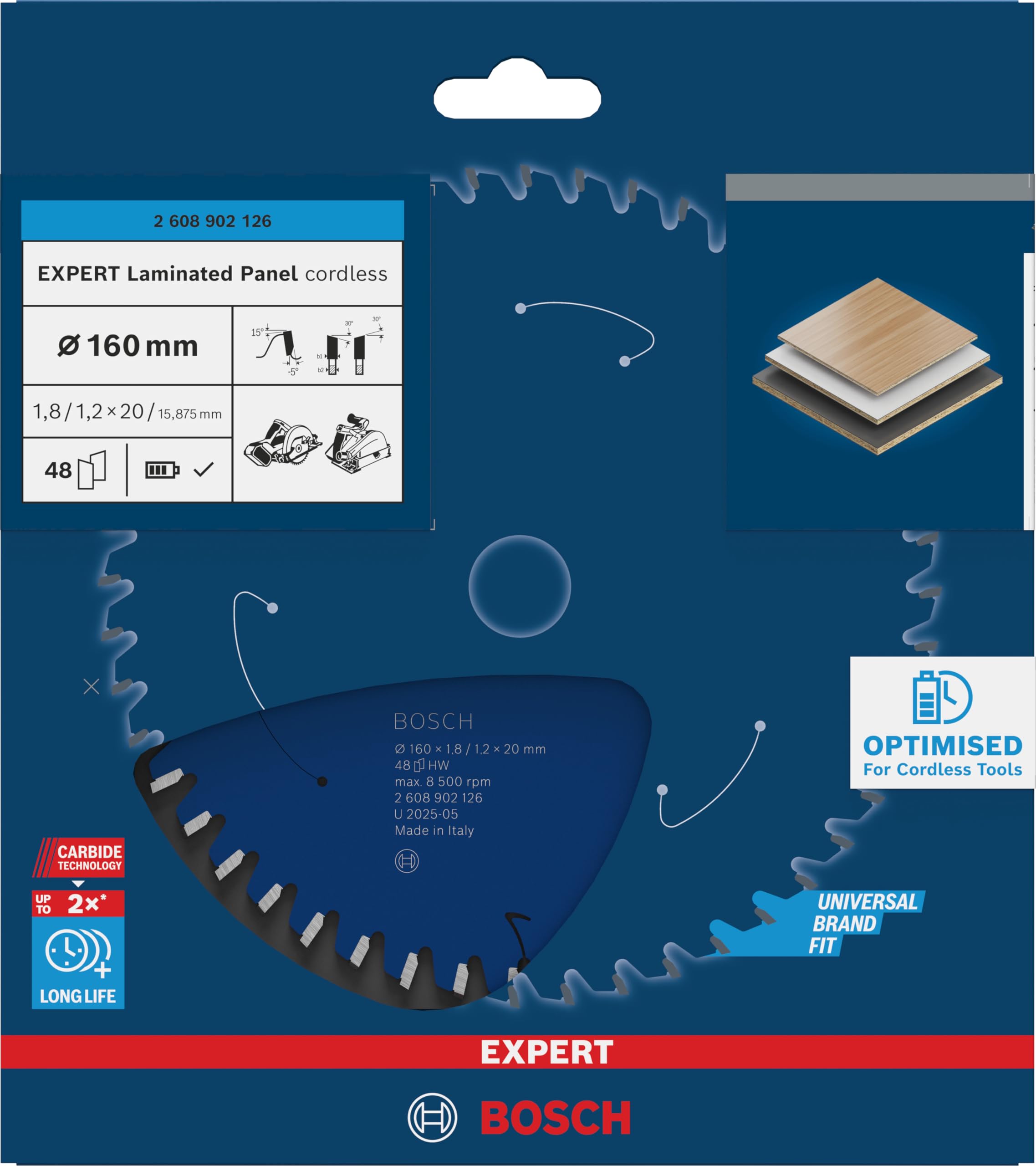 Bosch 1x Hoja de sierra circular EXPERT Laminated Panel cordless (para Tableros recubiertos de plástico, Ø mm, Professional Accesorios Sierras circulares de mano sin cable, Sierras circulares)