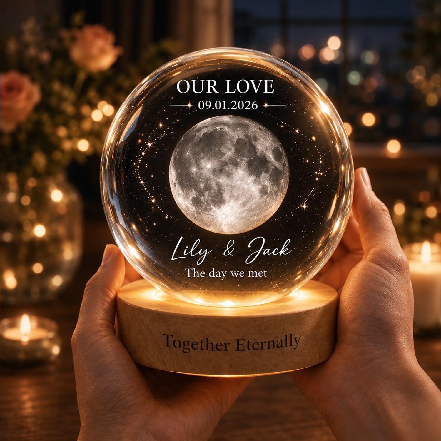 Personalized Moon Phase Crystal Ball Night Light with Wooden Base, Custom 3D Engraved Moon Glass Ball, Anniversary Birthday Gifts for Men Women