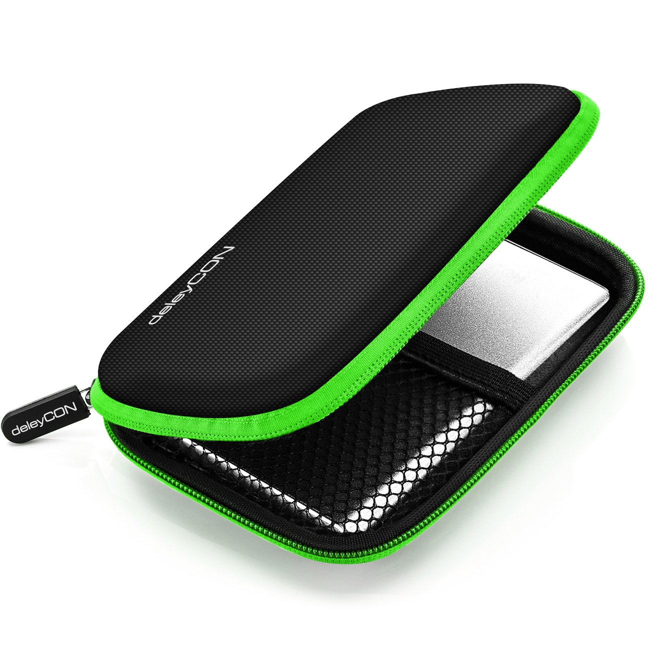 deleyCON Borsa del Disco Rigido Custodia HDD - Per Dischi Rigidi da 2,5" Pollici e SSD - Robusto e Antiurto - 2 Scomparti Interni con Tasche a Rete - Verde